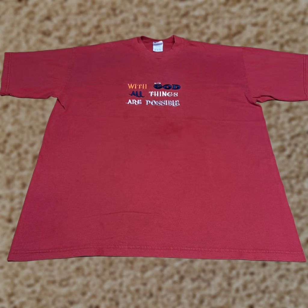 Vintage Shirt Christian Embroidered Red XL Mens With God All Things Are Possible Tee Size US XL / EU 56 / 4 - 1 Thumbnail