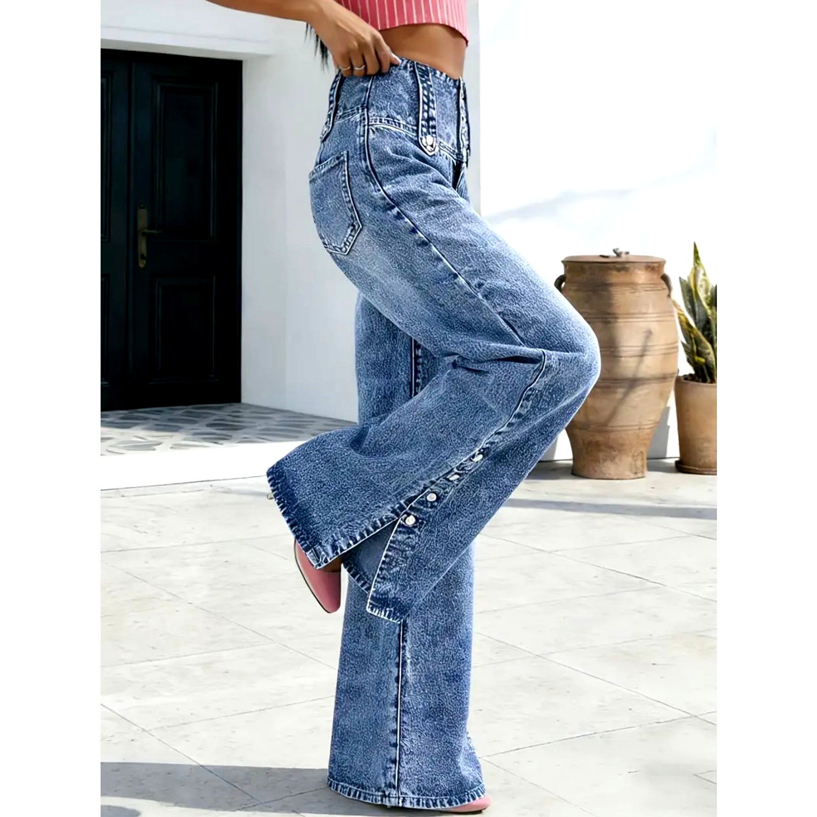 Other Casual High Waist Wide Leg Jeans Button Down Calf Blue 14 Size 36" / US 14 / IT 50 - 3 Thumbnail