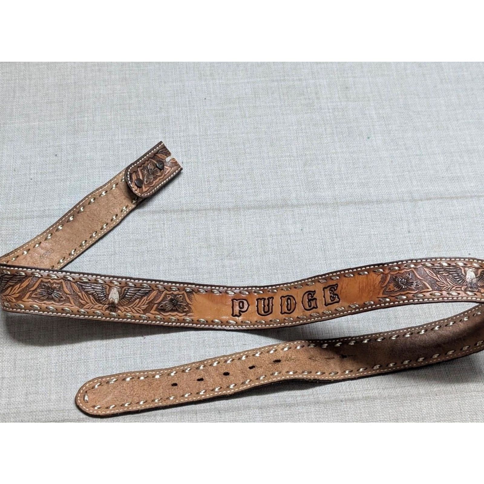 Vintage VINTAGE western belt Tooled PUDGE belt 42 brown leather Cowhide Handmade Men Western Belt Size 42 - 2 Thumbnail