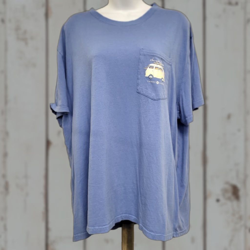 Vintage Lauren James T-Shirt Women 2XL Blue Pocket SeerSucker Sunset VW Van Surf Graphic Print Short Sleeve Crew Neck Casual Baggy? Size XXL / US 16-18 / IT 52-54 - 1 Thumbnail