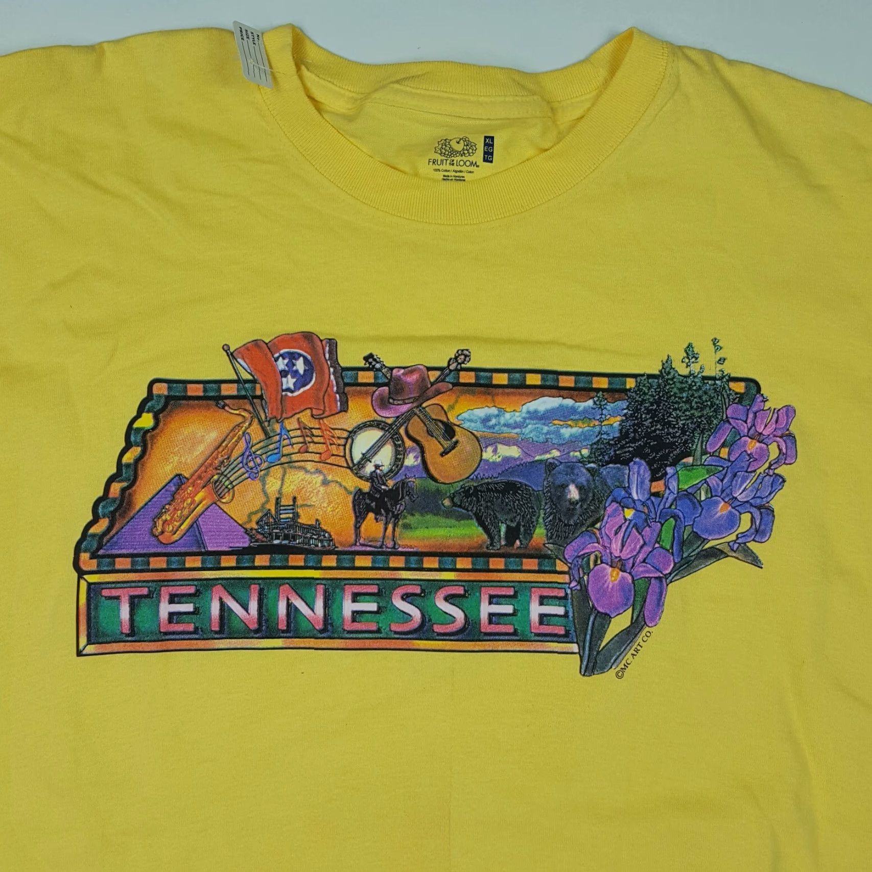Fruit Of The Loom Tennessee Country Music State Men's Size XL Retro Yellow Outdoor Crew T Shirt Size US XL / EU 56 / 4 - 2 Thumbnail