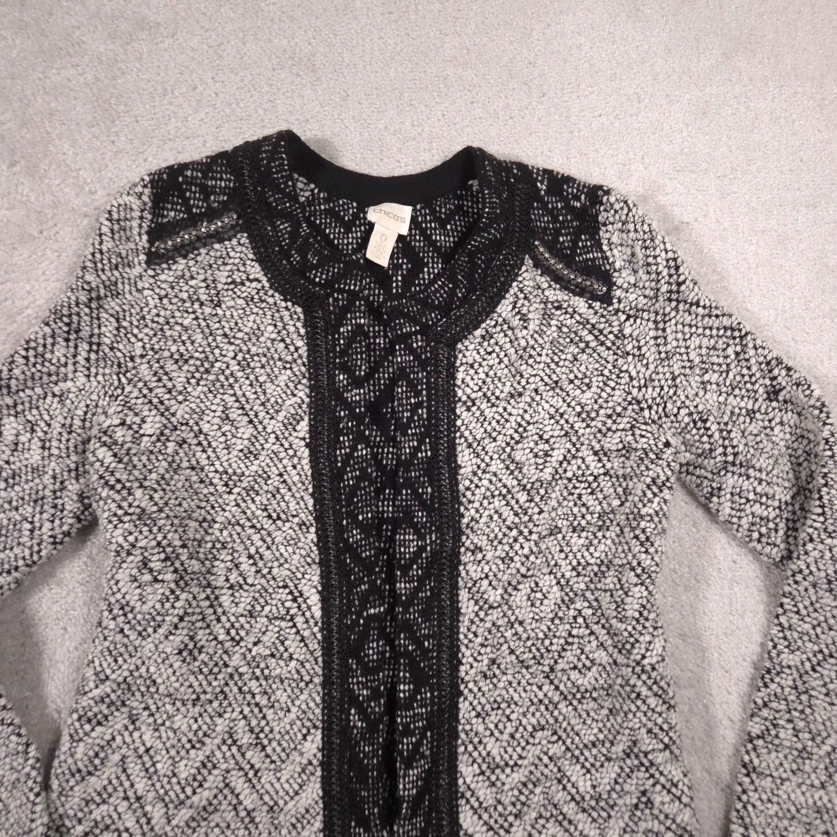 Vintage Chico's Cardigan Sweater Womens 0 Gray Beaded Open Front Geometric Chunky Knit Size XS / US 0-2 / IT 36-38 - 4 Thumbnail