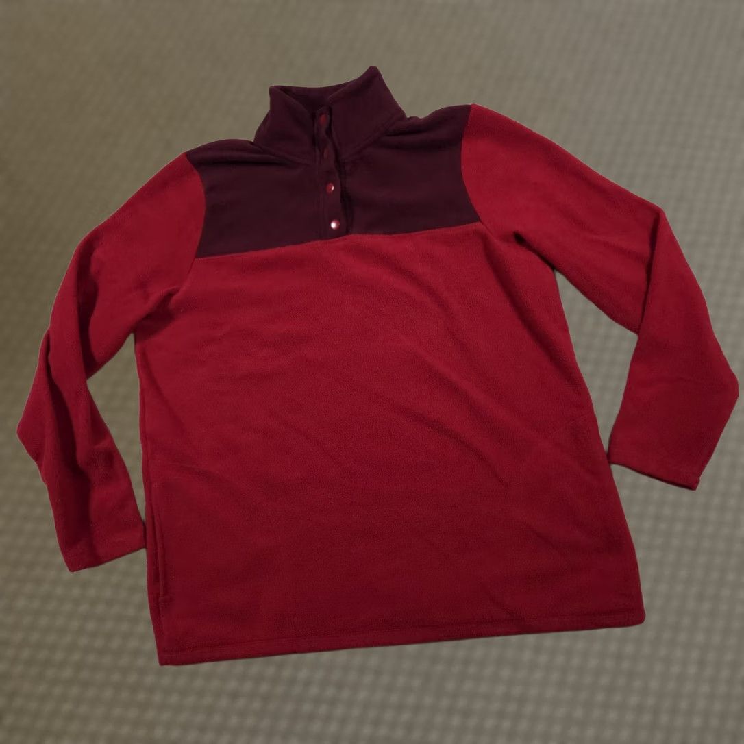 Vintage Cuddl Duds Pullover Womens Large Red Maroon Fleece Snap Front Warm Cozy Pockets Size L / US 10 / IT 46 - 1 Thumbnail