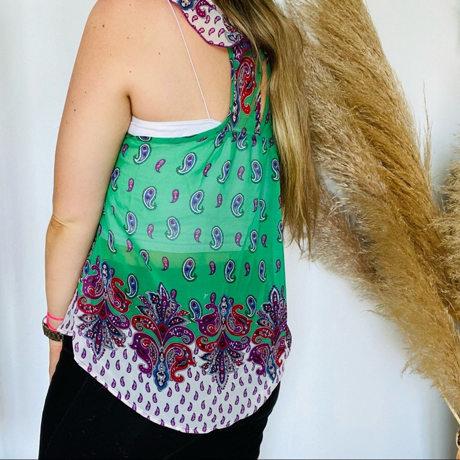 Vintage VINTAGE Green Purple White Ruffle Print Sheer Tank Blouse Size L / US 10 / IT 46 - 2 Thumbnail
