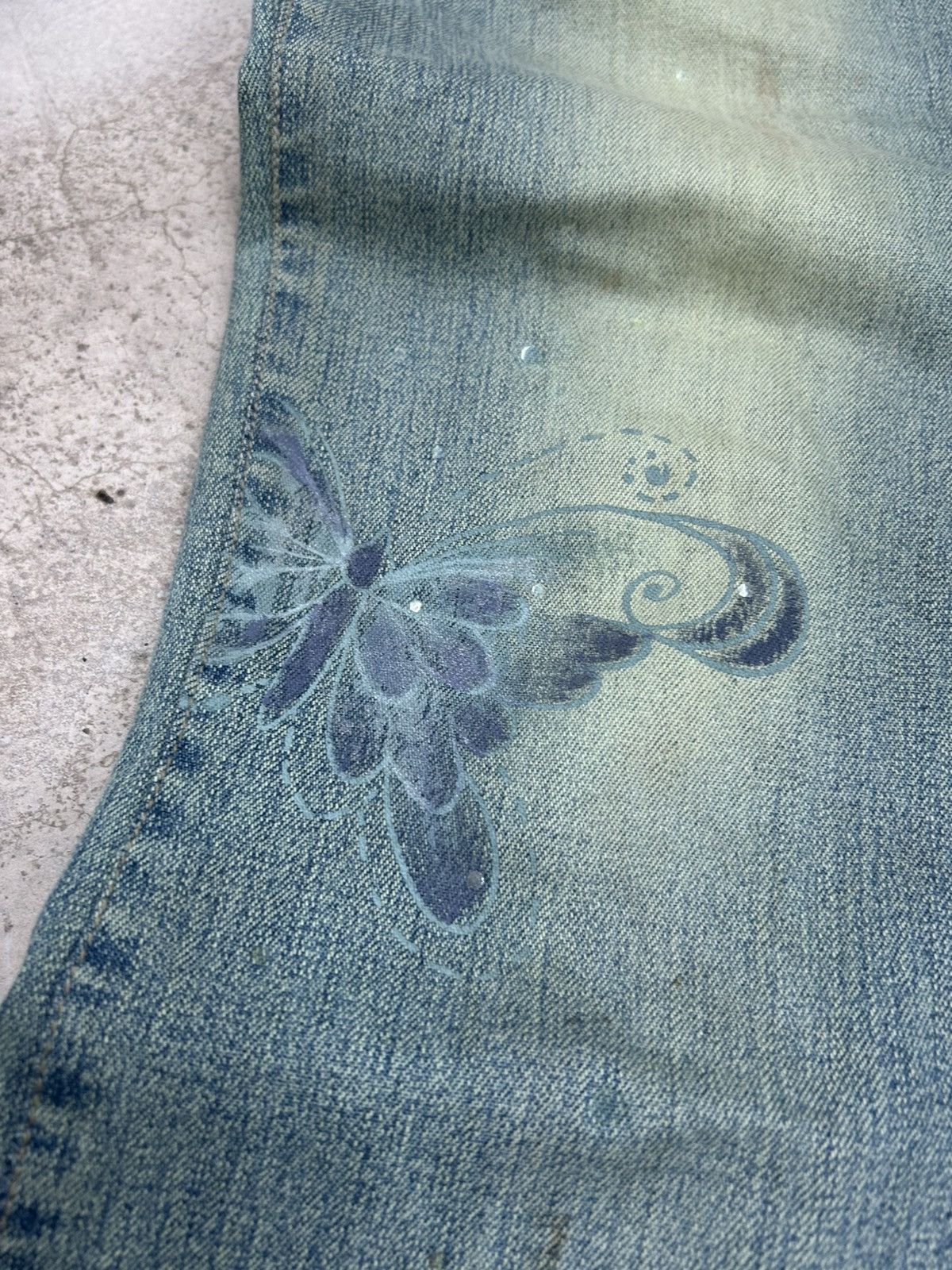 GOSTAR DE FUGA × Japanese Brand Interlow Unisex Jean Flare Mud Light Art Butterfly Paint Size US 29 - 8 Thumbnail