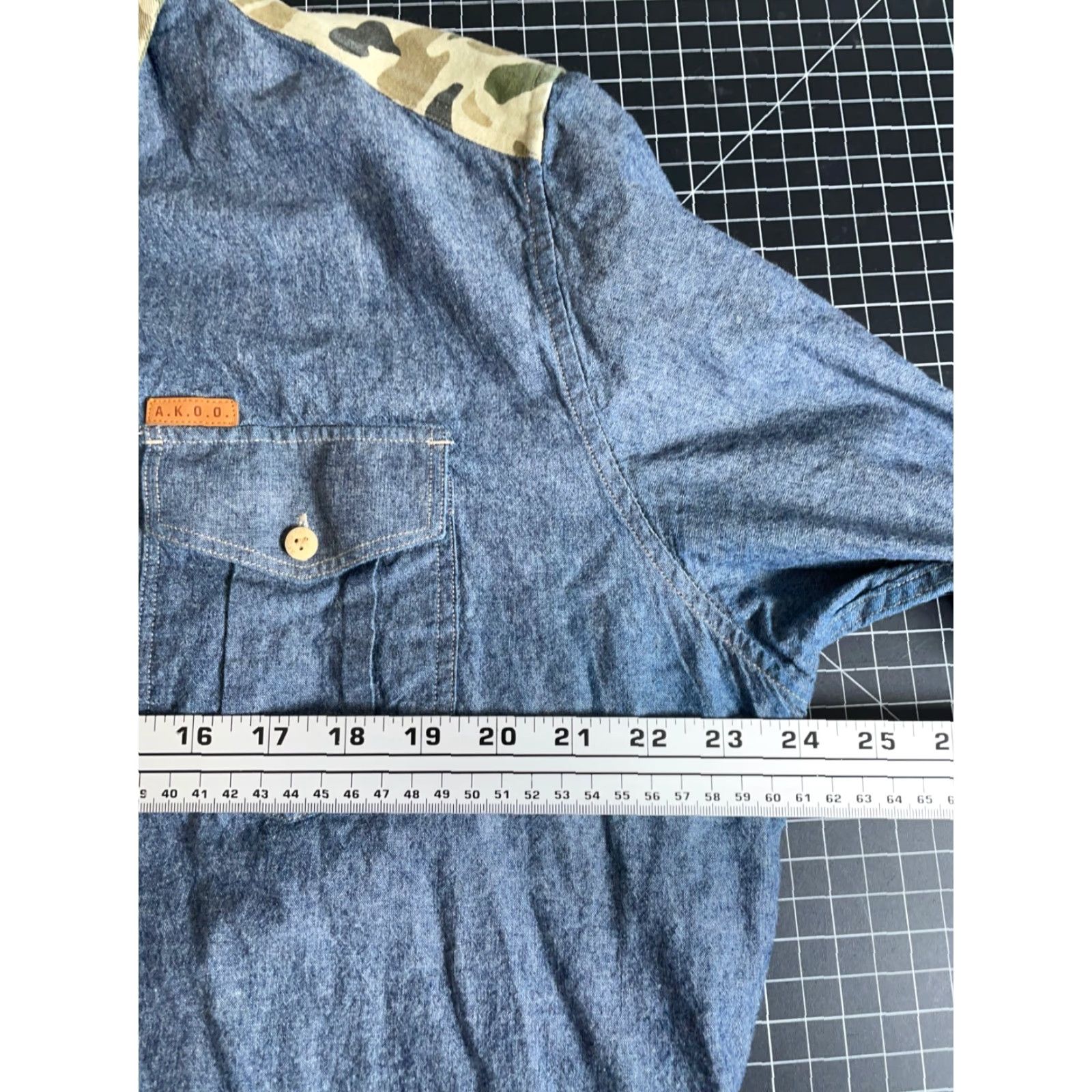 YOKE AKOO Chambray Shirt Mens XL Blue Green Camo Yoke Trim Streetwear Camouflage Button-Up Juniors None Size US XL / EU 56 / 4 - 5 Thumbnail