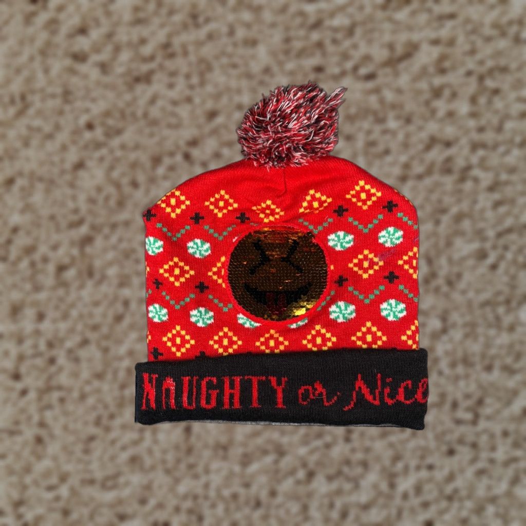 Walmart Naughty Or Nice Beanie Toque Adult OS Red Fair Isle Knit Acrylic Sequin Ski Pom Nike Shirt? Size ONE SIZE - 1 Thumbnail