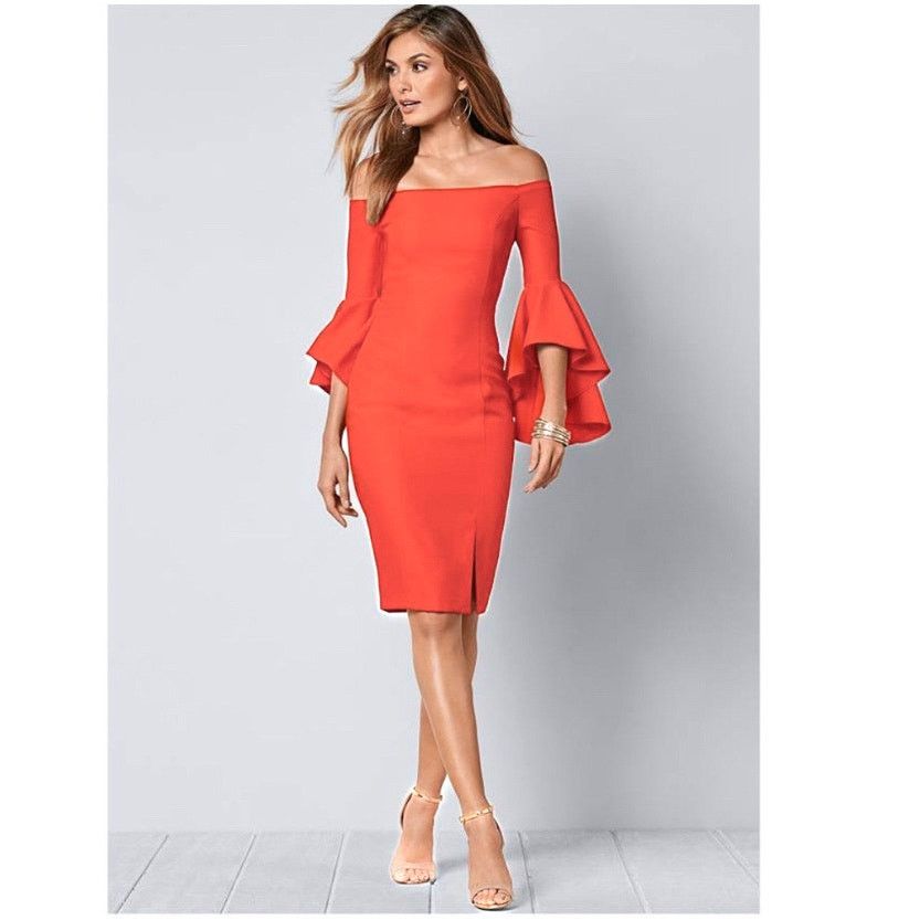Venus Venus Orange Off Shoulder Cascading Bell Sleeve Sheath Dress Size XL / US 12-14 / IT 48-50 - 1 Thumbnail