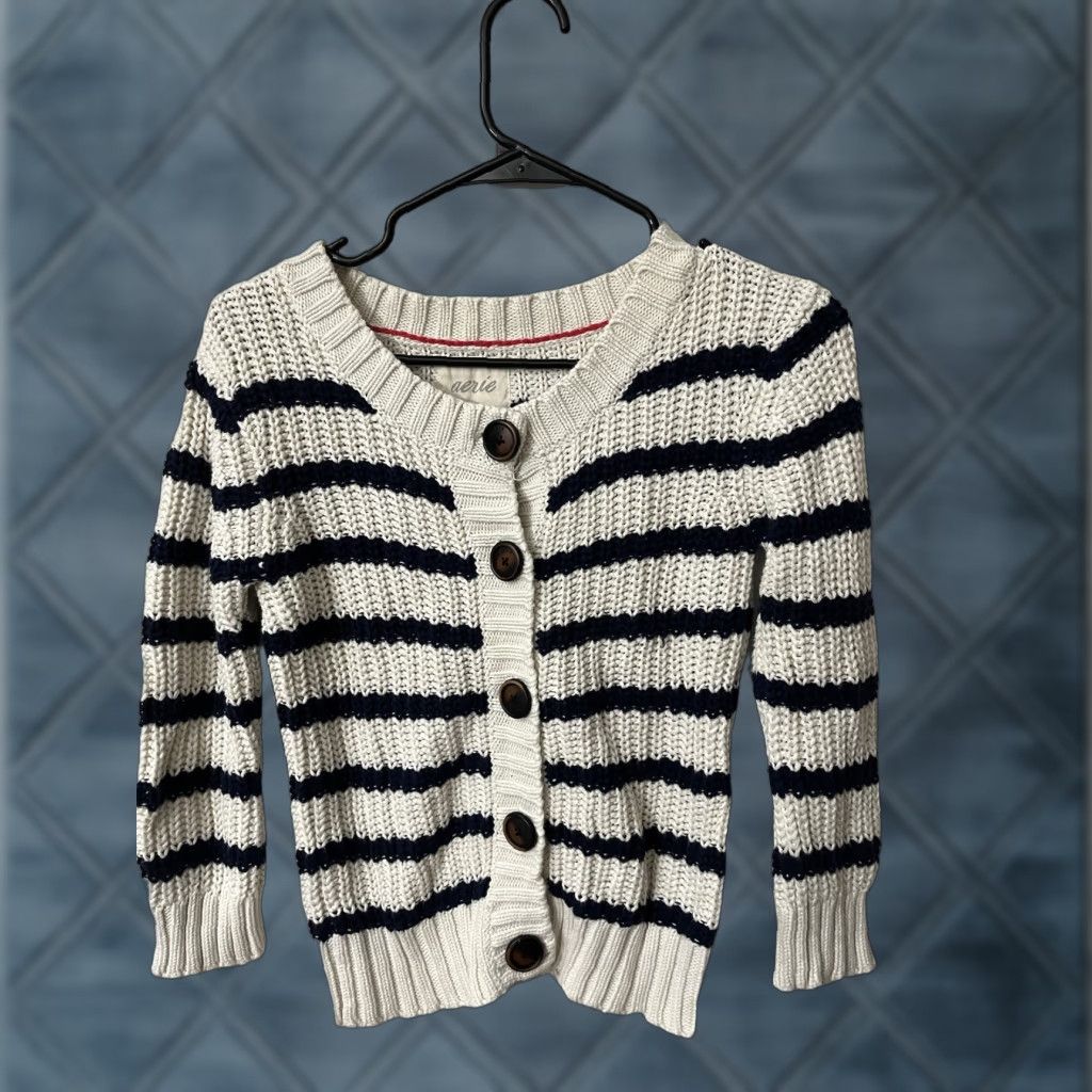 Vintage VINTAGE Aerie Womens Sweater Cardigan Knit Chunky Blue Striped Crew Neck Casual, 100% Cotton, All Seasons, Small Women Size S / US 4 / IT 40 - 1 Thumbnail