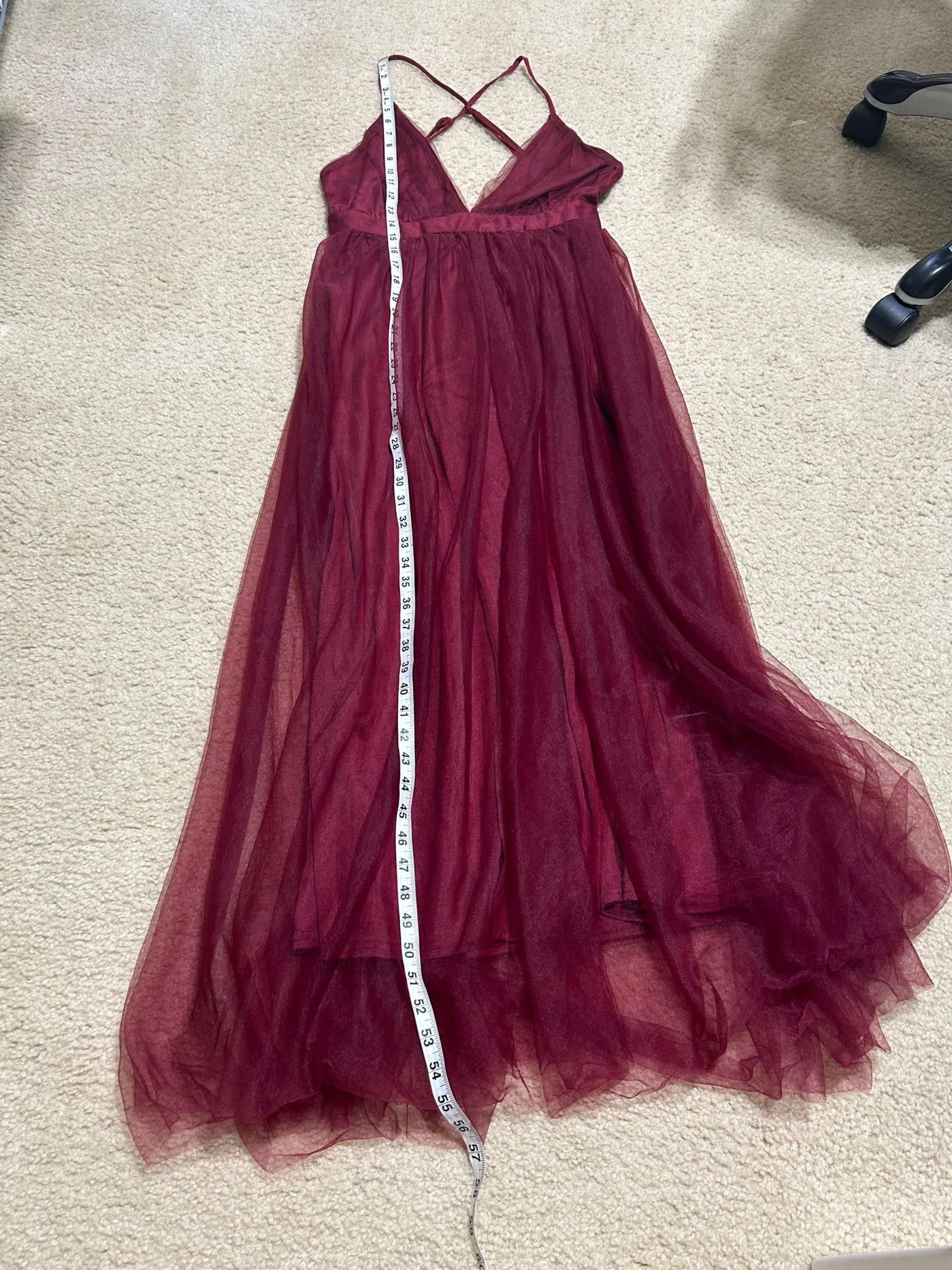 Designer Burgundy Tulle Maxi Dress, Size M - Elegant Strappy Back Size M / US 6-8 / IT 42-44 - 3 Thumbnail