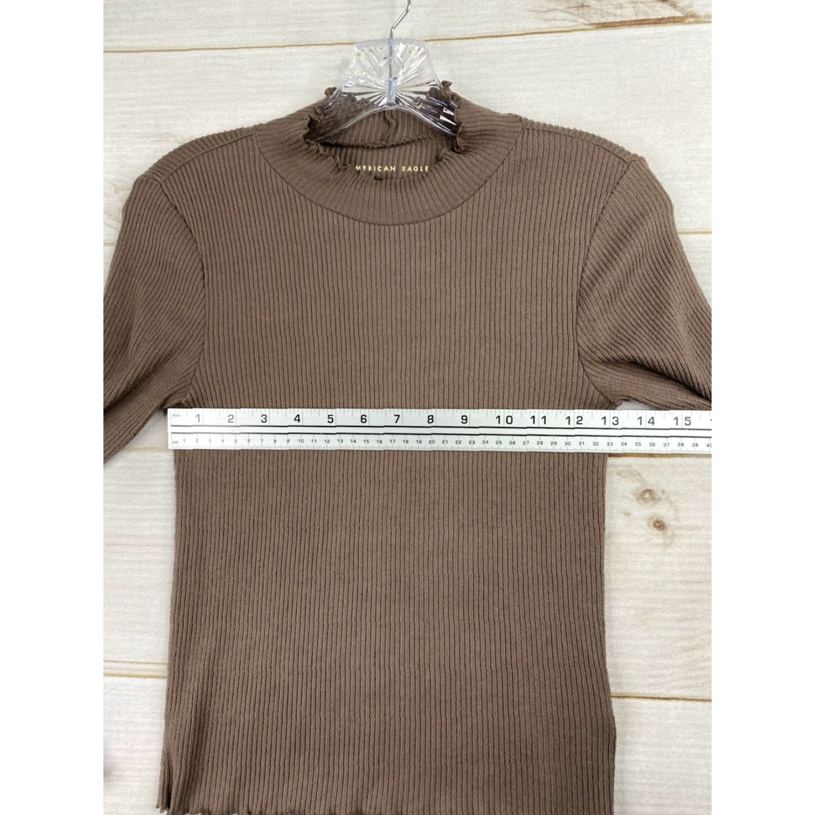 American Eagle Outfitters American Eagle Sweater Top Sz S Brown Ribbed Mock Neck Ruffle Cropped Pullover Size S / US 4 / IT 40 - 7 Thumbnail