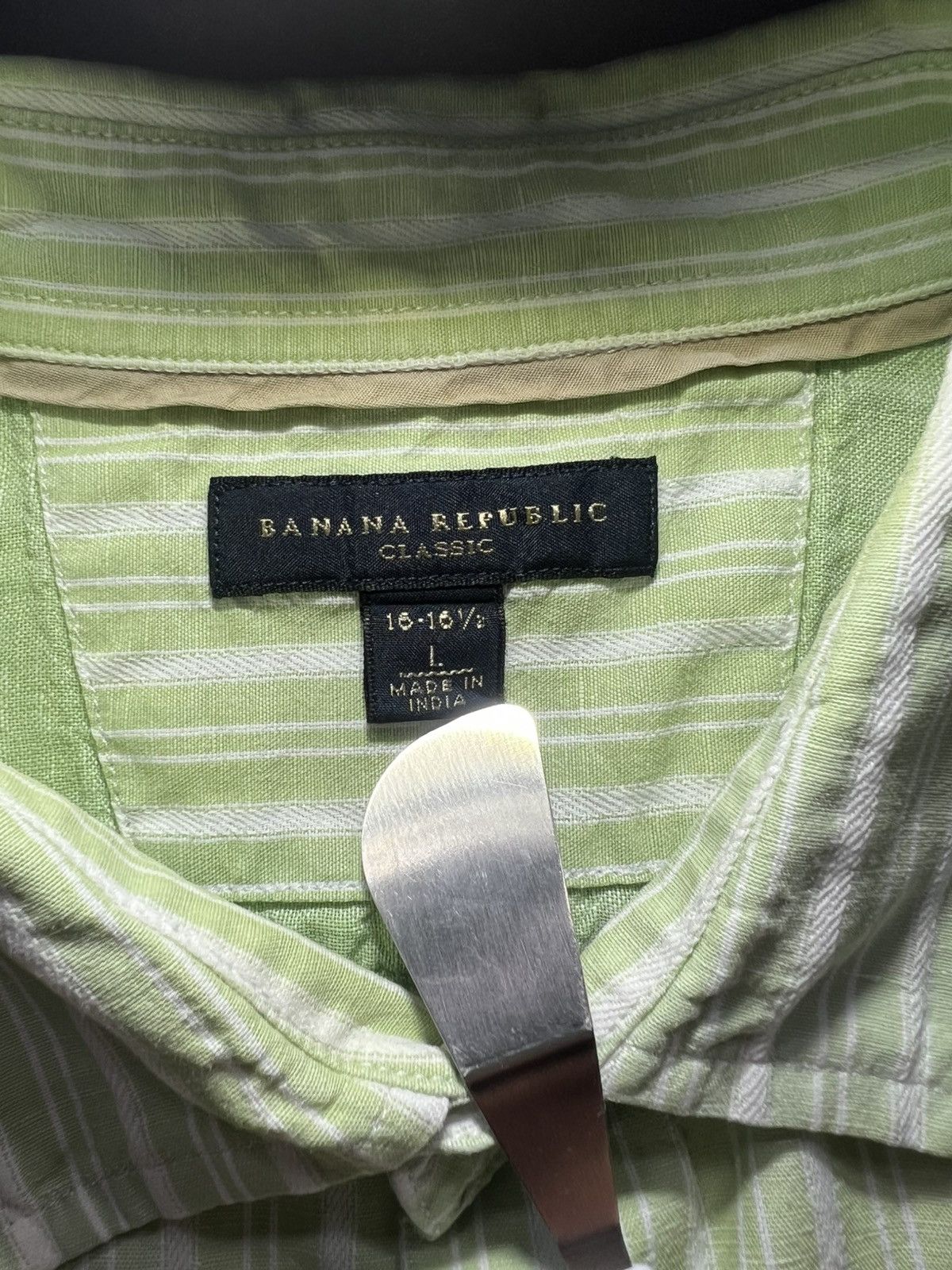 Banana Republic Banana Republic Linen Blend Green Striped Shirt Men's Sz L Size US L / EU 52-54 / 3 - 2 Thumbnail