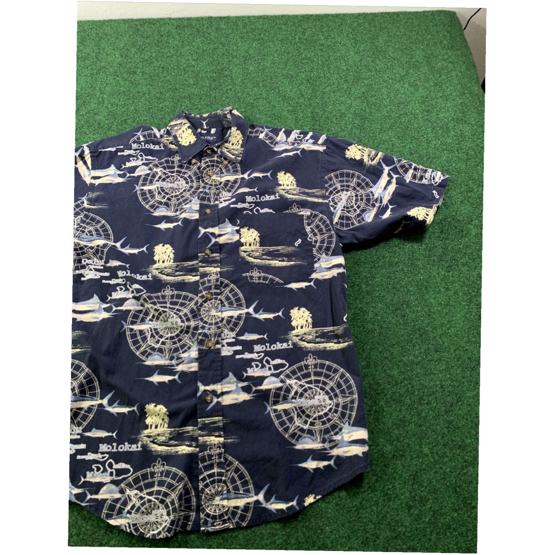 Vintage Puritan Mens Hawaiian Shirt Size M Navy Blue Marlin Sea Map Compass Size US M / EU 48-50 / 2 - 5 Thumbnail