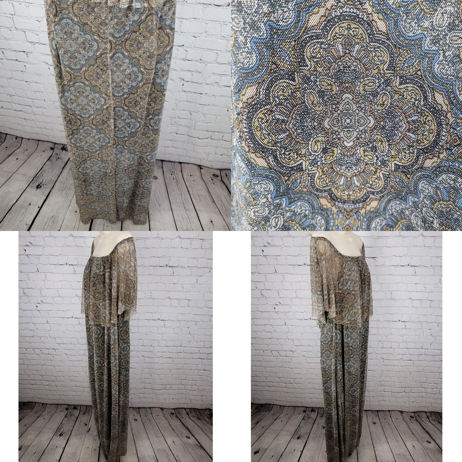 NWT Ellen Weaver Dress 3X Off Shoulder Maxi Stretch Lined Tan Blue Print