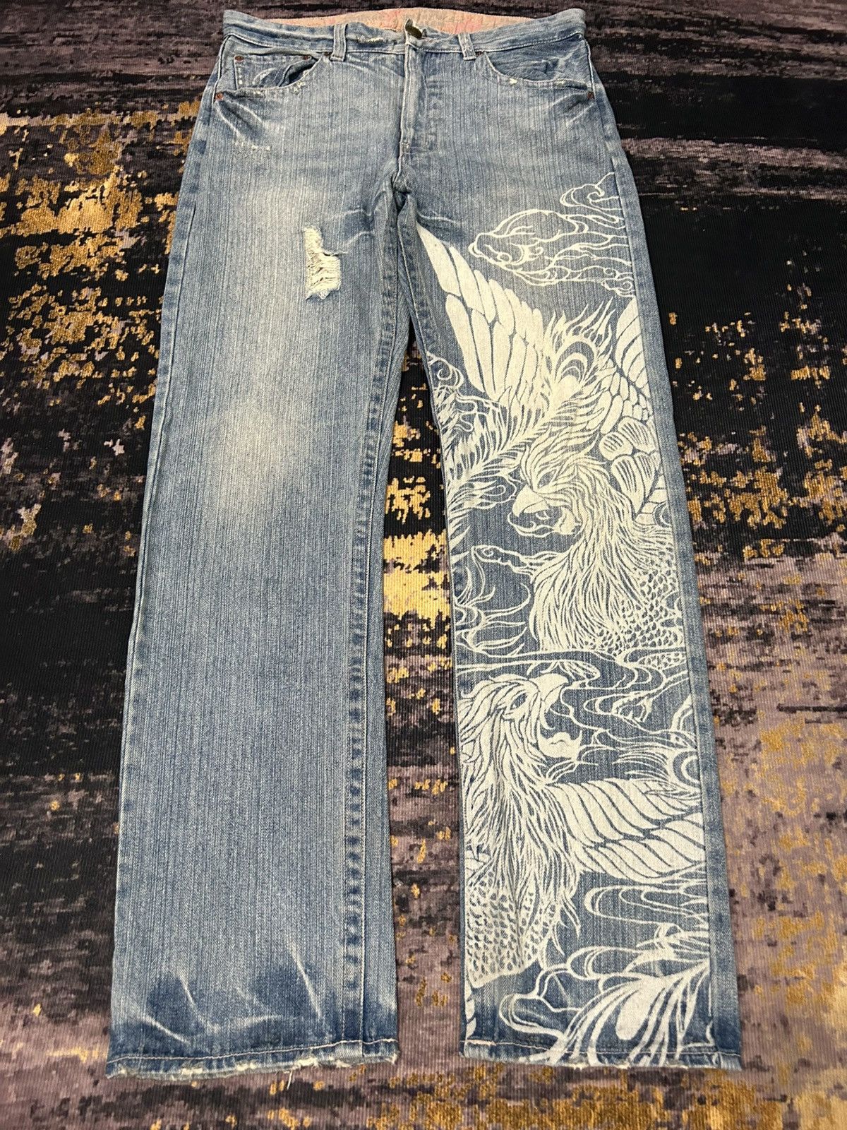 Karakuri Tamashii Vintage Buden Phoenix Sukajan Distressed Jeans Size US 31 - 3 Thumbnail