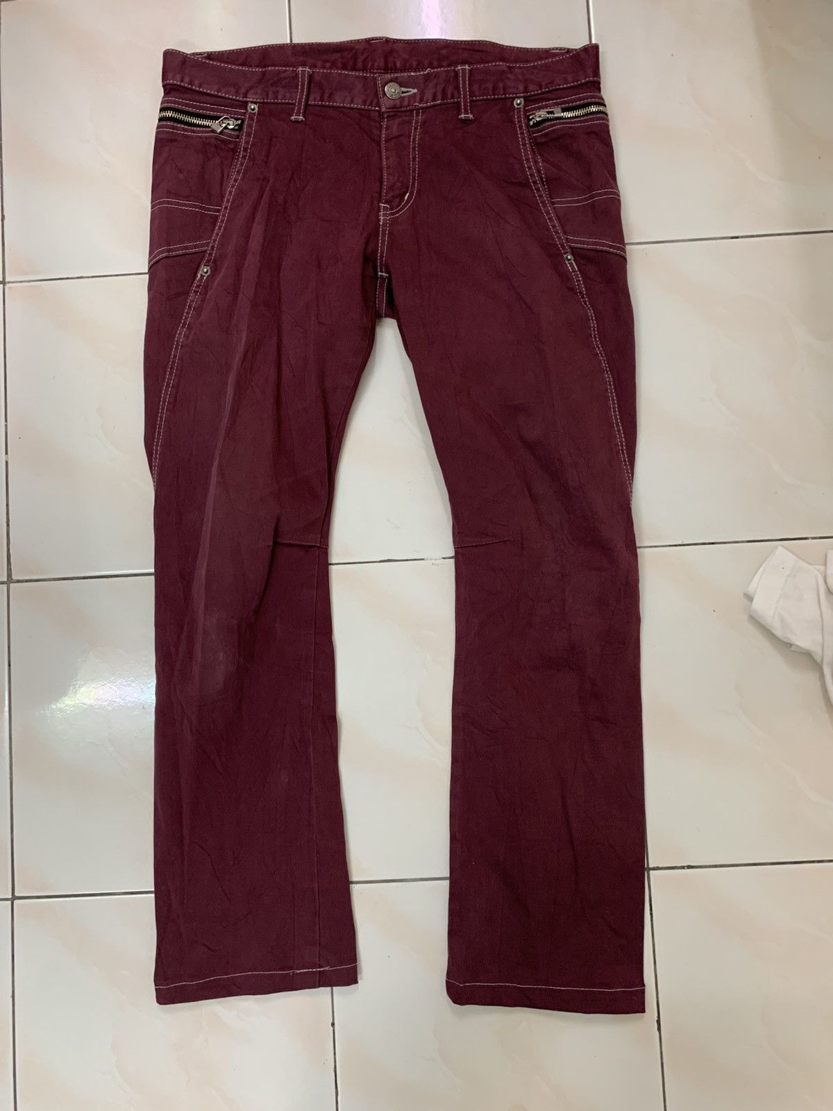 Japanese Brand PPFM Techwear Y2K MAROON LOW RISE FLARE PANT Size US 34 / EU 50 - 8 Thumbnail