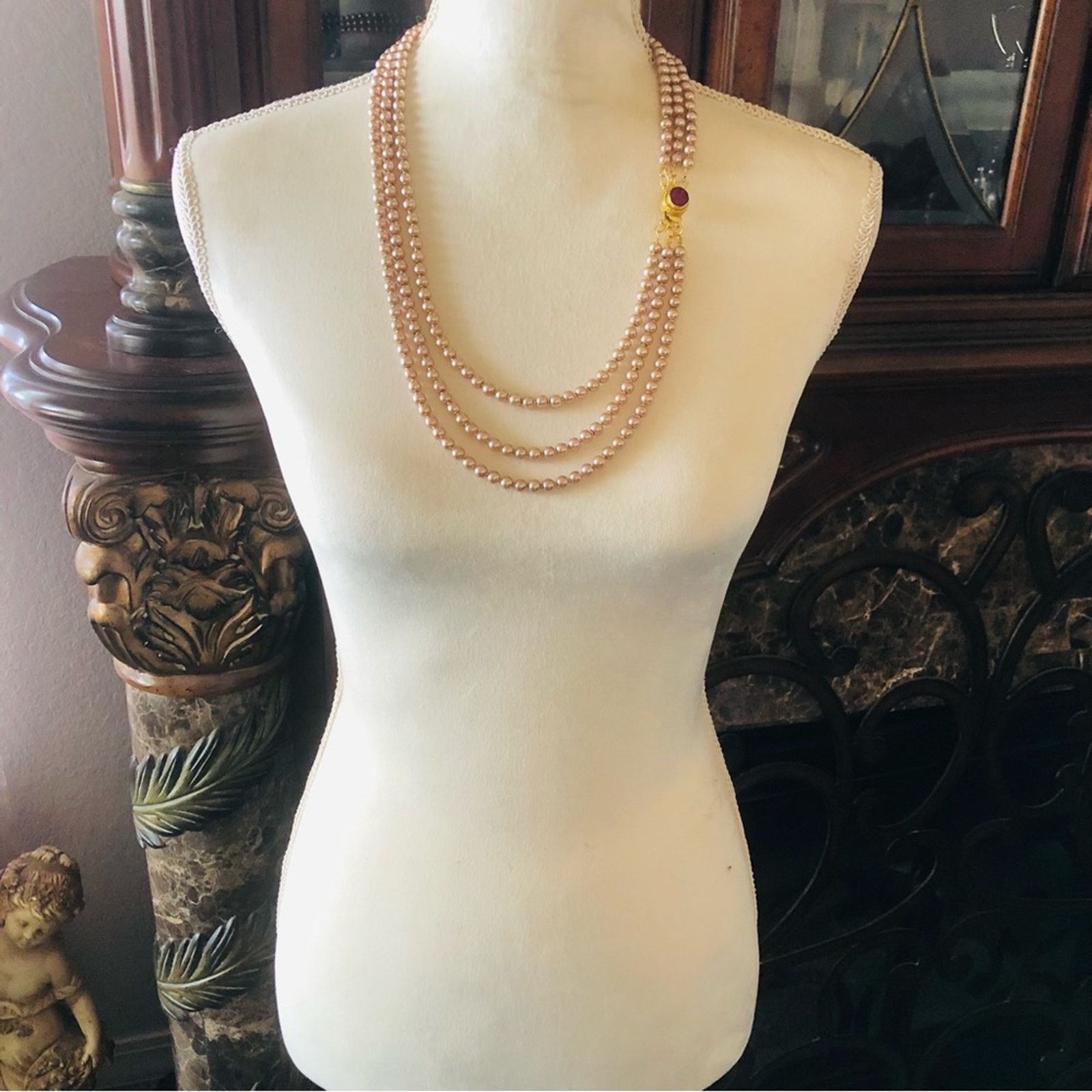 Handmade Handcrafted triple strand tan pearl genuine ruby necklac Size ONE SIZE - 6 Thumbnail