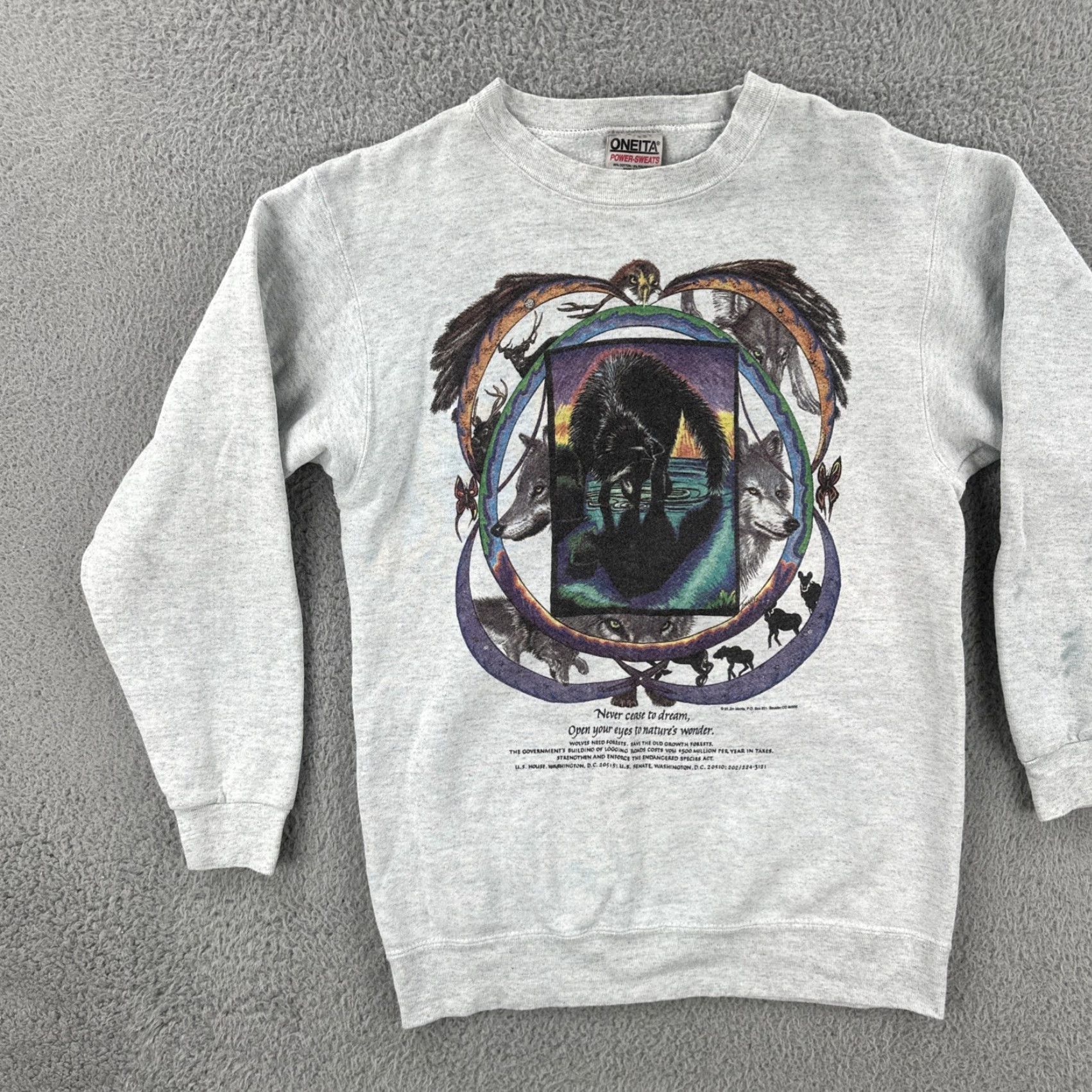 Vintage VINTAGE Oneita Power Sweats Sweatshirt Adult S Gray Wolf Graphic Print 90s Nature Mens Pullover Crewneck Regular Cotton Heavyweight Size US S / EU 44-46 / 1 - 3 Thumbnail
