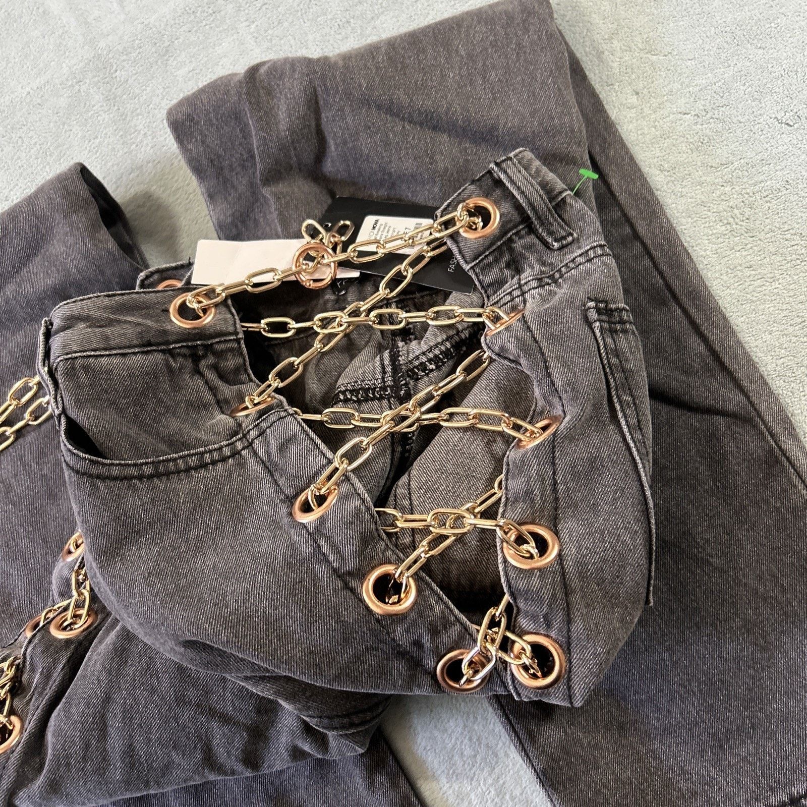 Fashion Nova Gothic Chain Tie Jean Women 7 30x33 Straight Adjustable Gold Size 30" / US 8 / IT 44 - 7 Thumbnail