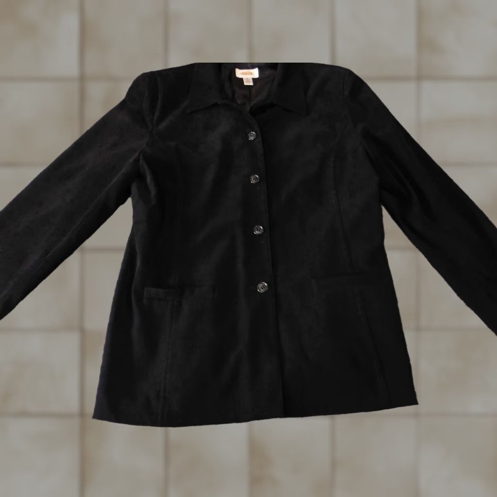 Talbots Jacket Black Strech Classic Trench Coat Medium Womens Polyester Button Long Sleeve Solid Mid-Length Casual Fall Spring Retro?