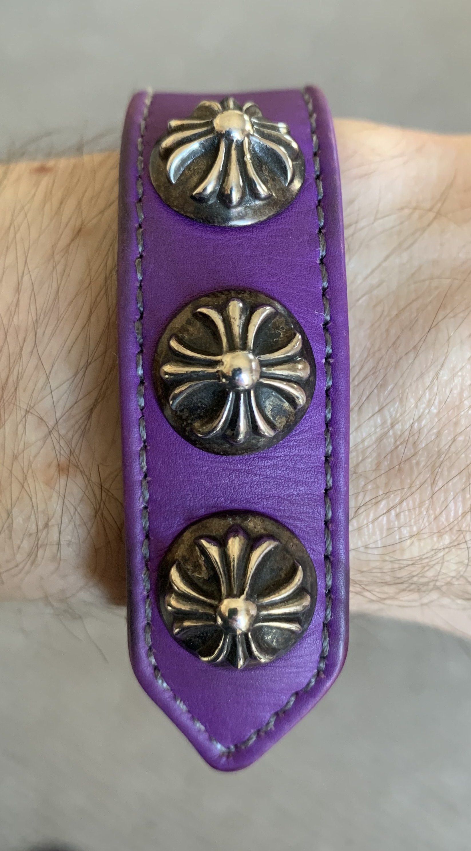 Pre-owned Chrome Hearts Adjustable Leather Silver Snap Bracelet In Purple