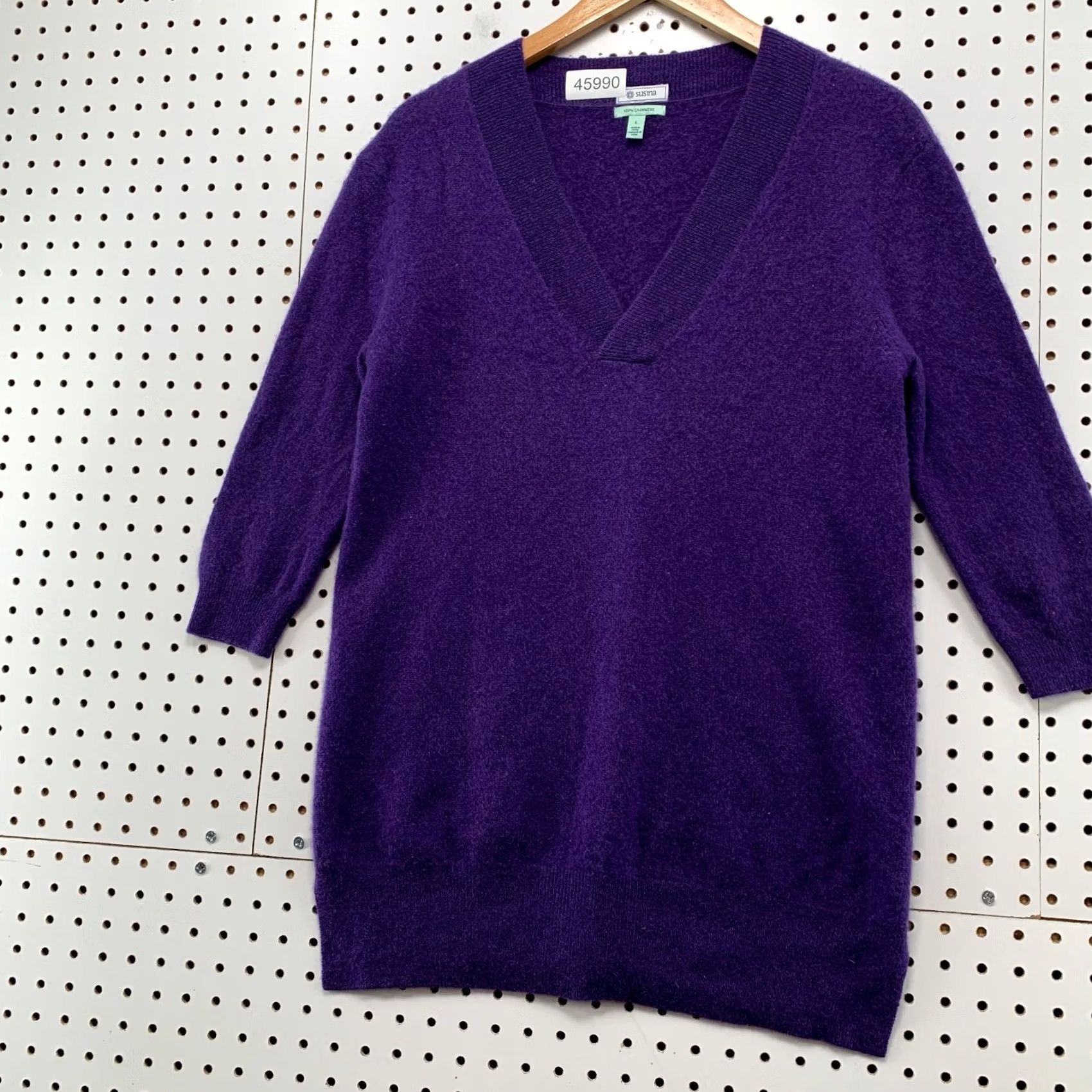 Vintage Susina 100% Cashmere Sweater Womens Large Purple V Neck 3/4 Sleeve Pullover Knit Winter Vintage Mens Womens Girls Boys Size L / US 10 / IT 46 - 3 Thumbnail