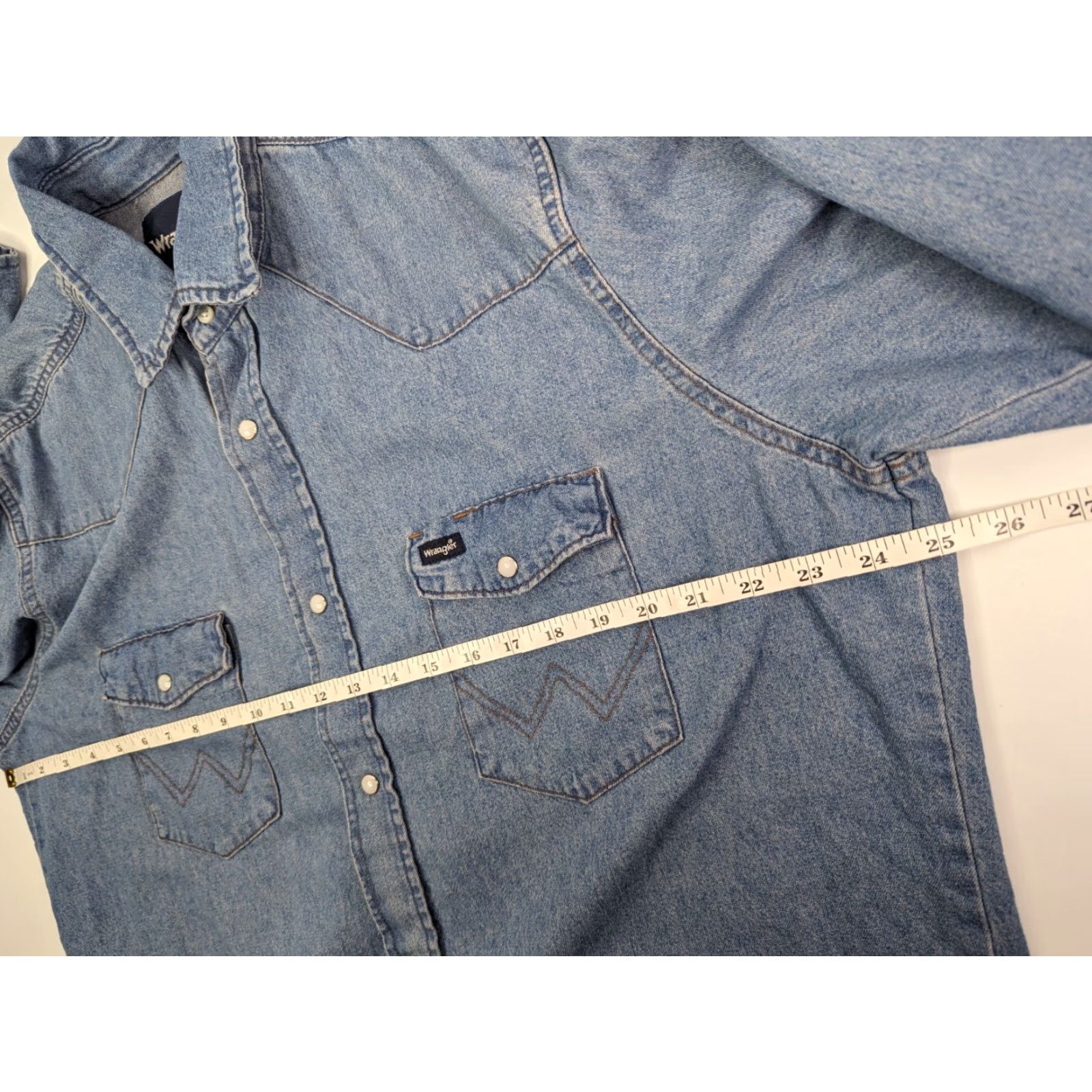 Wrangler Wrangler Men's XLT Cowboy Cut Stone Wash Denim Pearl Snap Work Shirt 70127SW Blue Long Sleeve Cotton Denim Pearl Snap Western Mens XLT 70127SW Size US XL / EU 56 / 4 - 5 Thumbnail