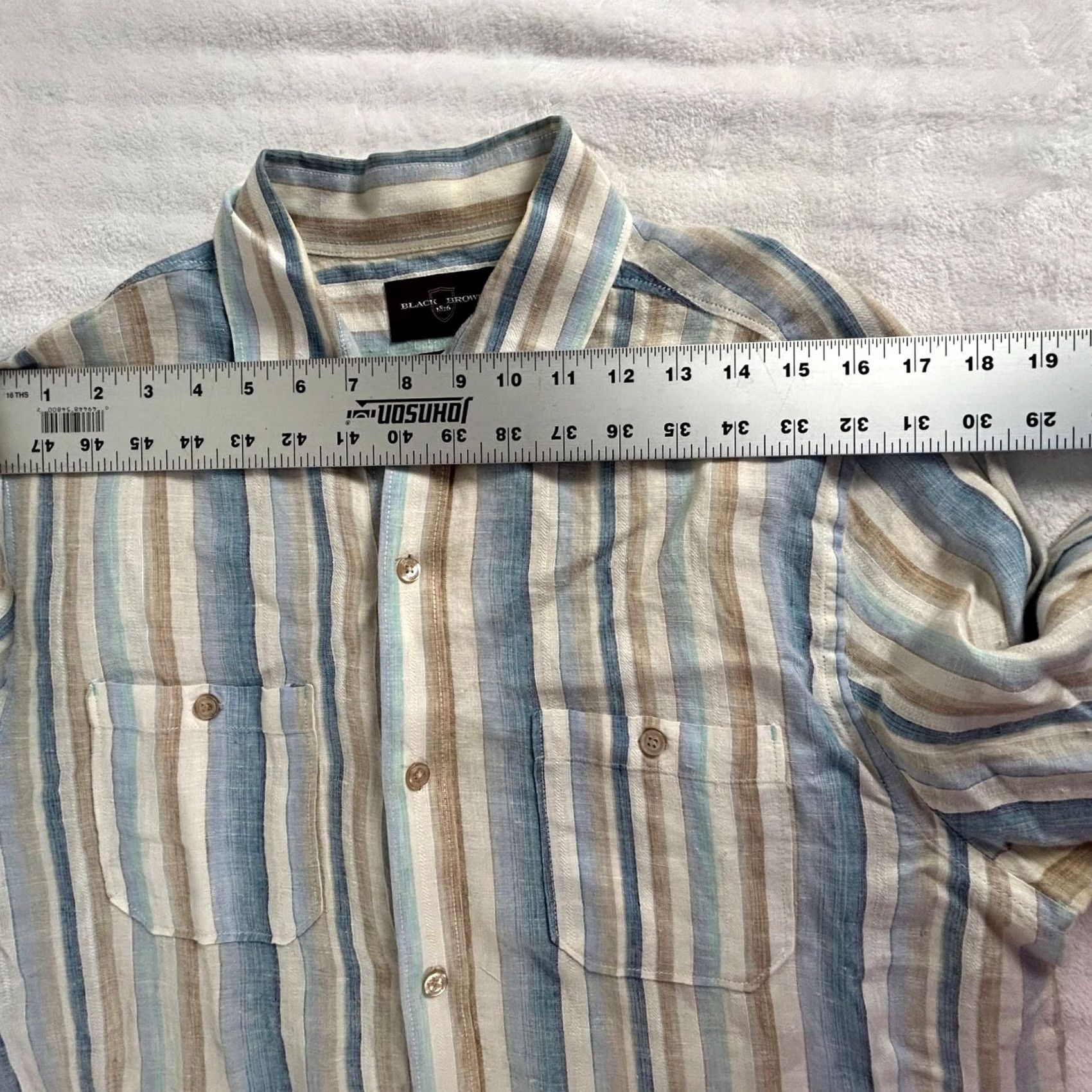 Vintage Black Brown 1826 Mens Striped Linen Button-Up Shirt MediumBlue/Tan Regular Fit Long Sleeve Casual Shirt Size US M / EU 48-50 / 2 - 5 Thumbnail