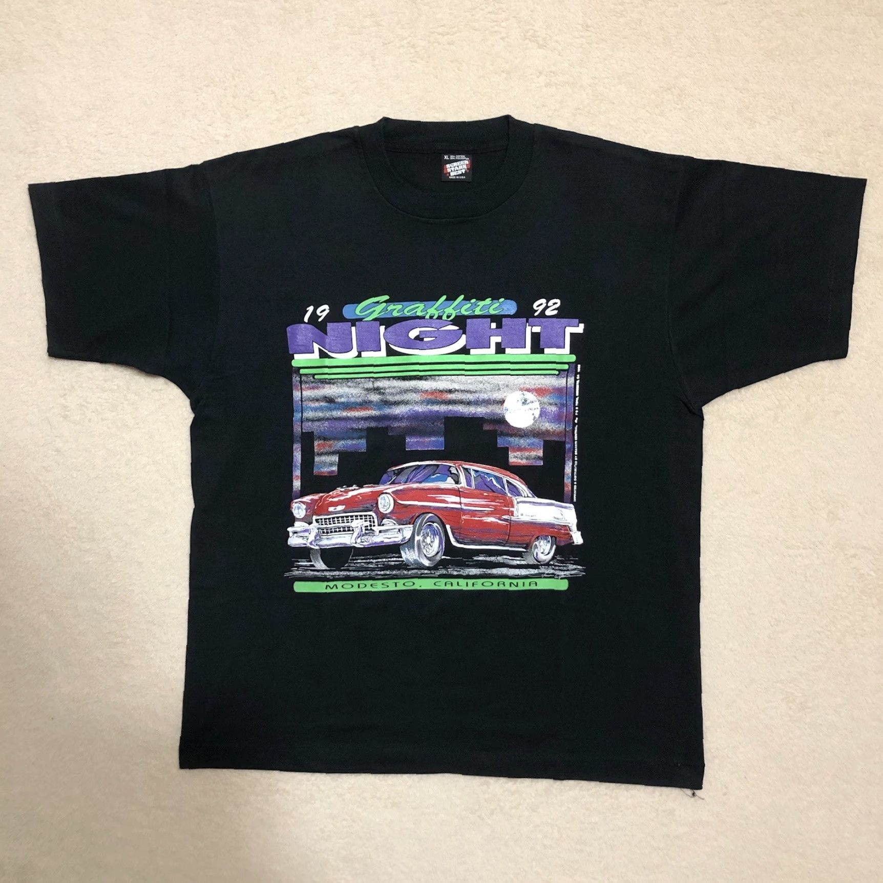 Vintage VINTAGE Screen Stars Graffiti Night 1992 Modesto CA Shirt Mens XL Black Graphic Tee Size US XL / EU 56 / 4 - 2 Thumbnail