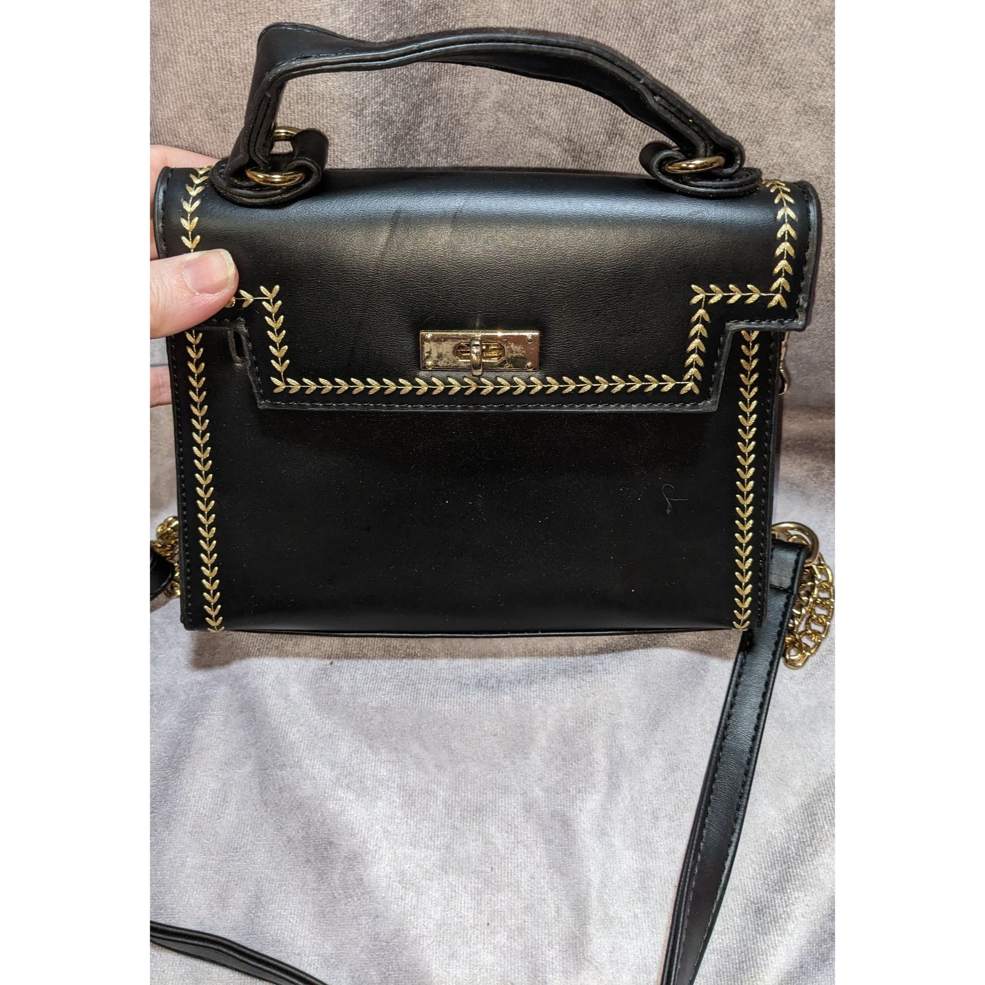 Other Black Faux Leather Satchel With Gold Stitching & Chain Strap Size ONE SIZE - 1 Thumbnail