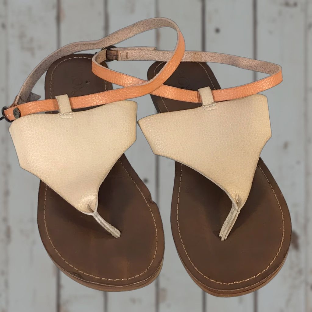 Vintage Roxy Leather Sandals Beige/Orange Thong Women's Size 7.5 - Adjustable Ankle Wrap, Flat Heel, Comfort Size US 7.5 / IT 37.5 - 1 Thumbnail
