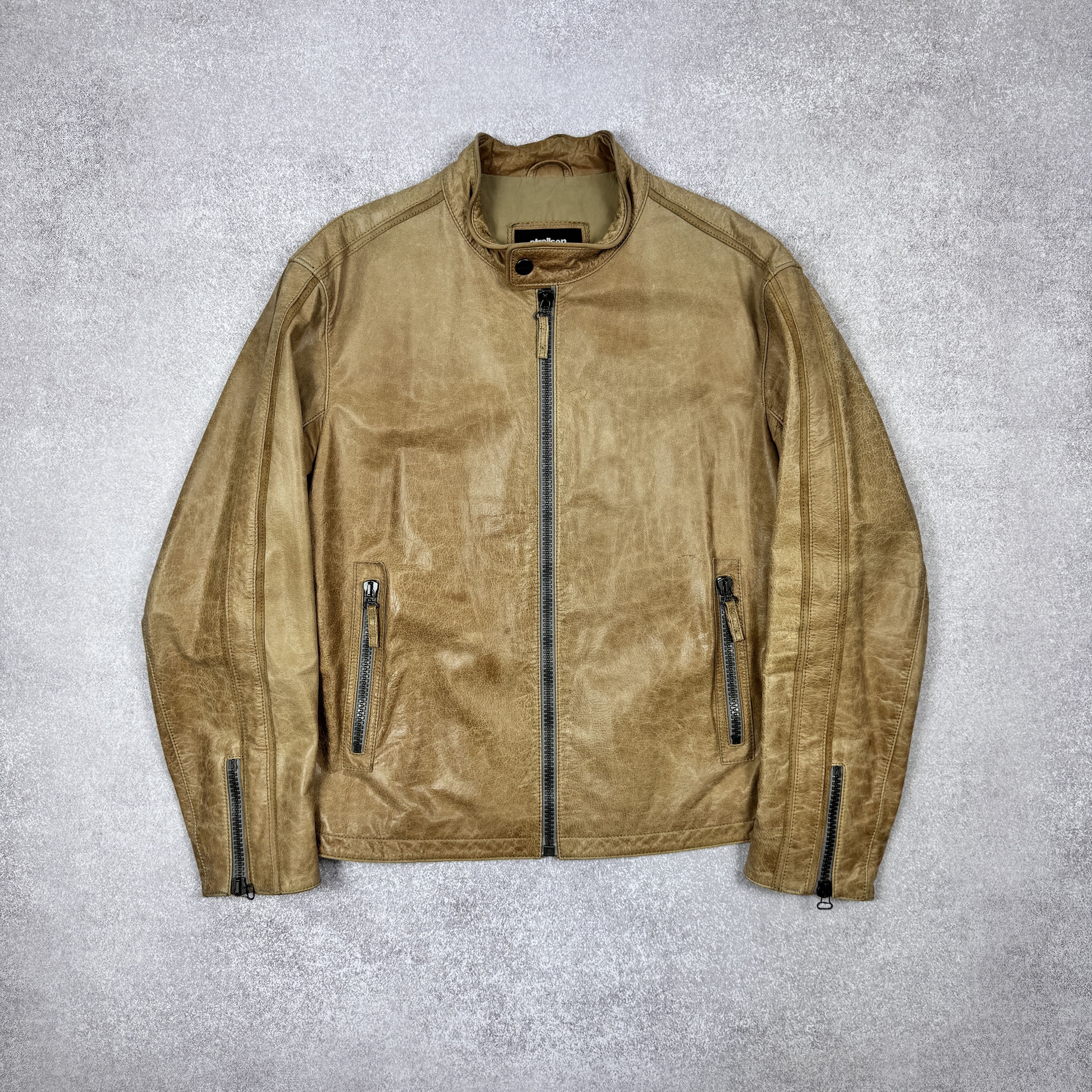 Men`s STRELLSON CARAMEL BROWN LEATHER BIKER JACKET SIZE L/52
