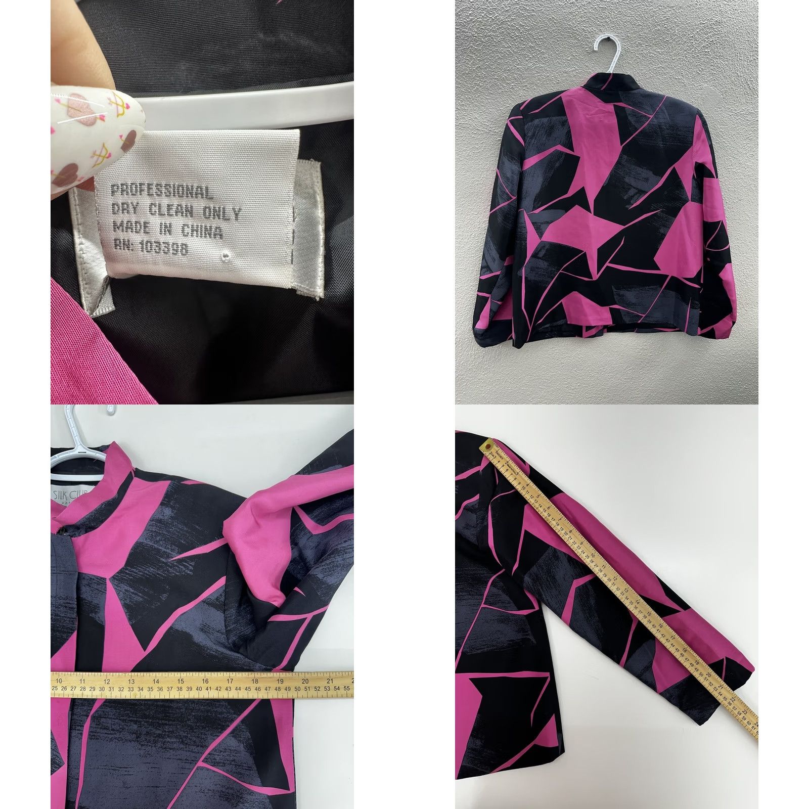 Vintage Silk Club Jacket Womens Petite Small Pink Black Zip Up Geometric Mid-Length Satin Lining Static Size S / US 4 / IT 40 - 8 Thumbnail
