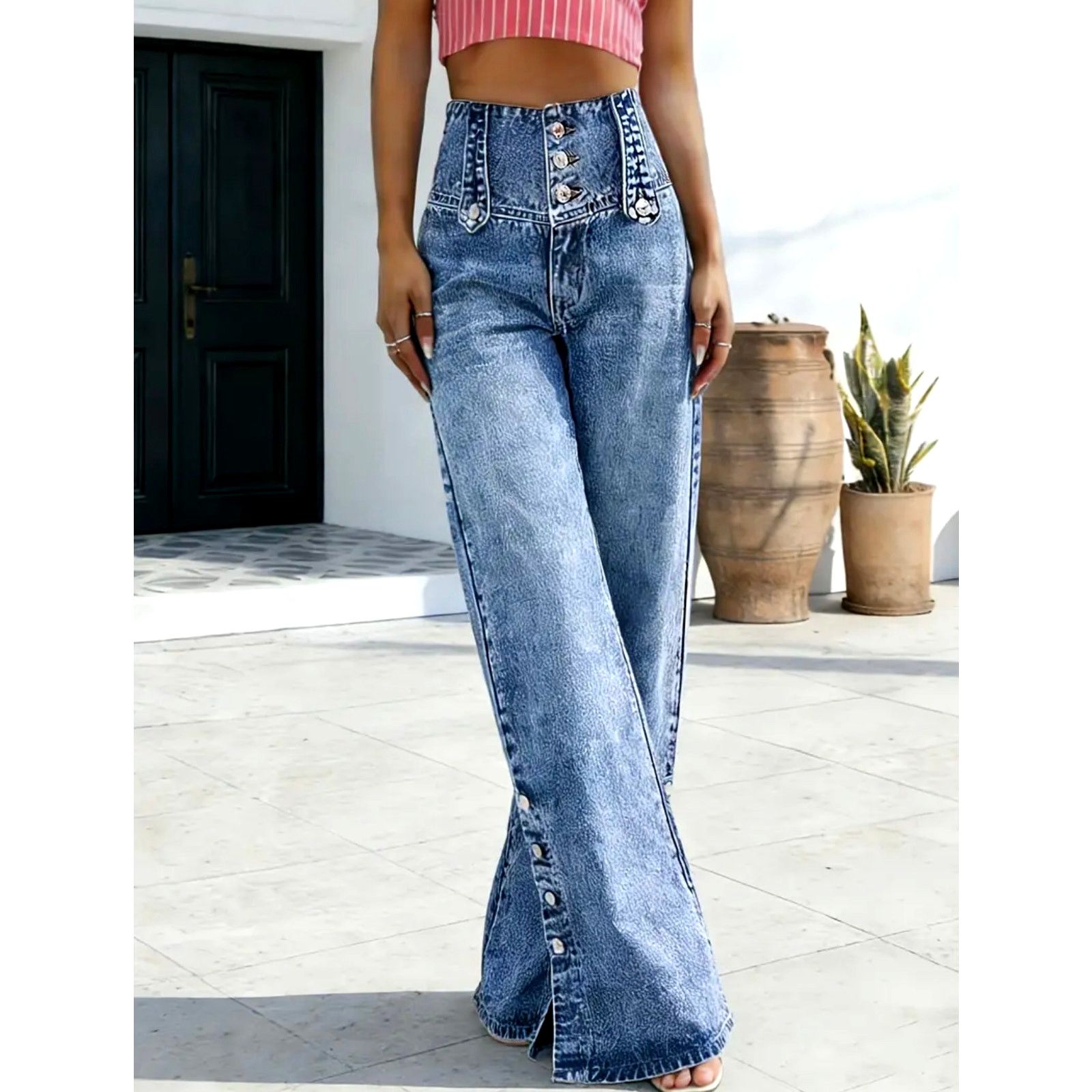 Other Casual High Waist Wide Leg Jeans Button Down Calf Blue 14 Size 36" / US 14 / IT 50 - 1 Thumbnail