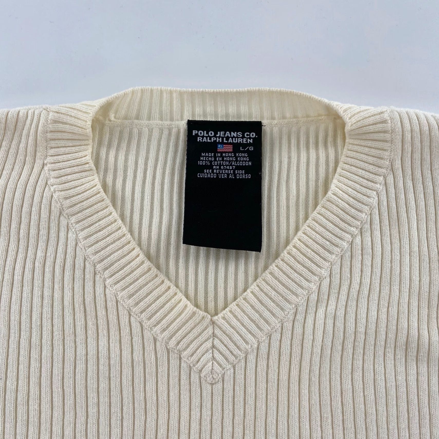 Vintage VINTAGE Polo Jeans Co. Striped Sweater Adult Large White Long Sleeve V-Neck Pullover Mens Size US L / EU 52-54 / 3 - 3 Thumbnail