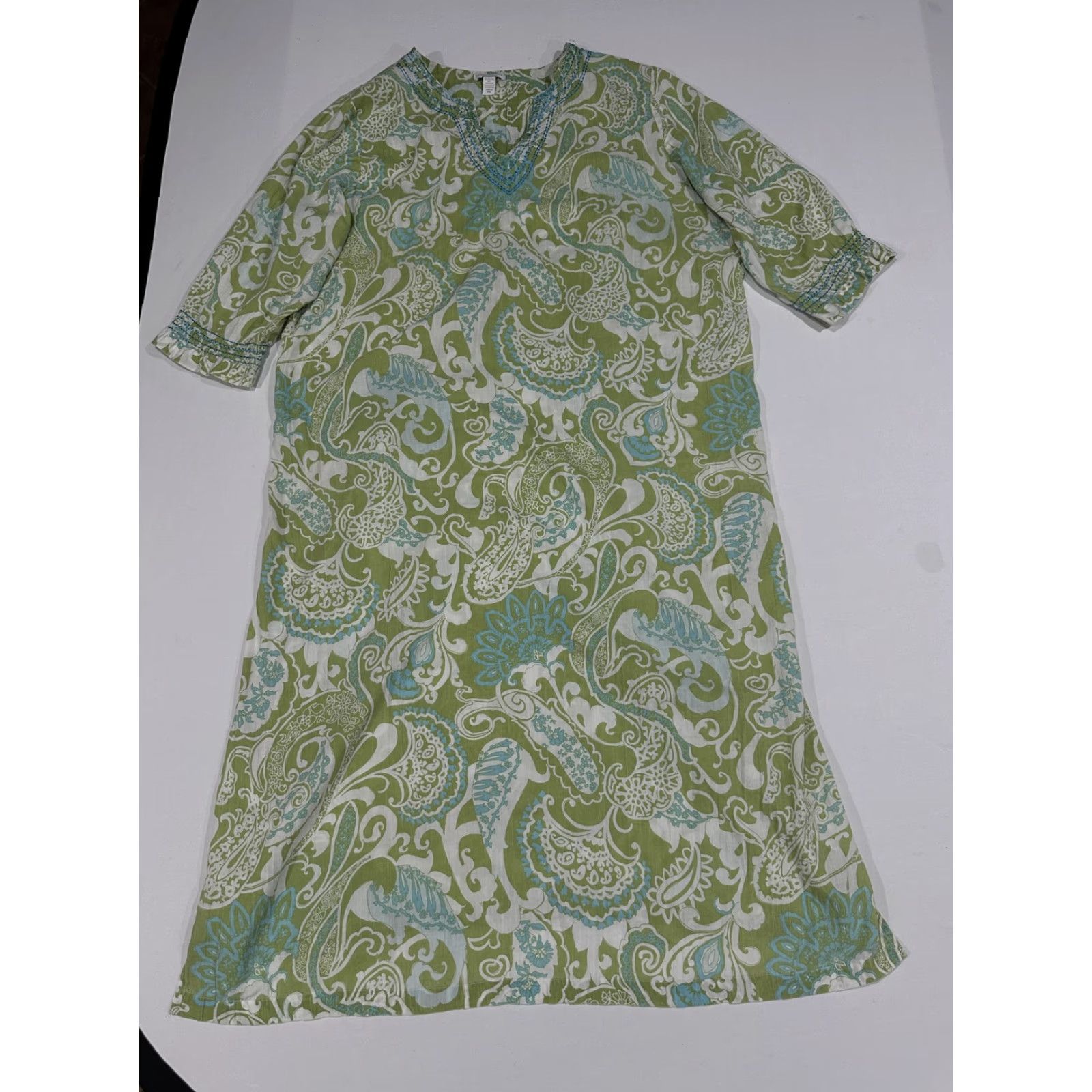 Charter Club Charter Club Dress Womens L Green Paisley Maxi V-Neck Embroidered Cotton FLAW Size L / US 10 / IT 46 - 2 Thumbnail