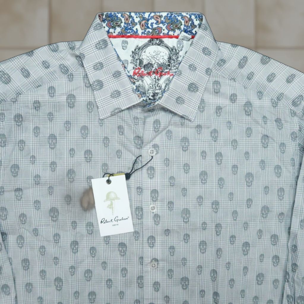 Robert Graham Robert Graham Shirt Mens Large Gray Kinderhook Skull Print Flip Cuff Classic Fit Size US L / EU 52-54 / 3 - 1 Thumbnail