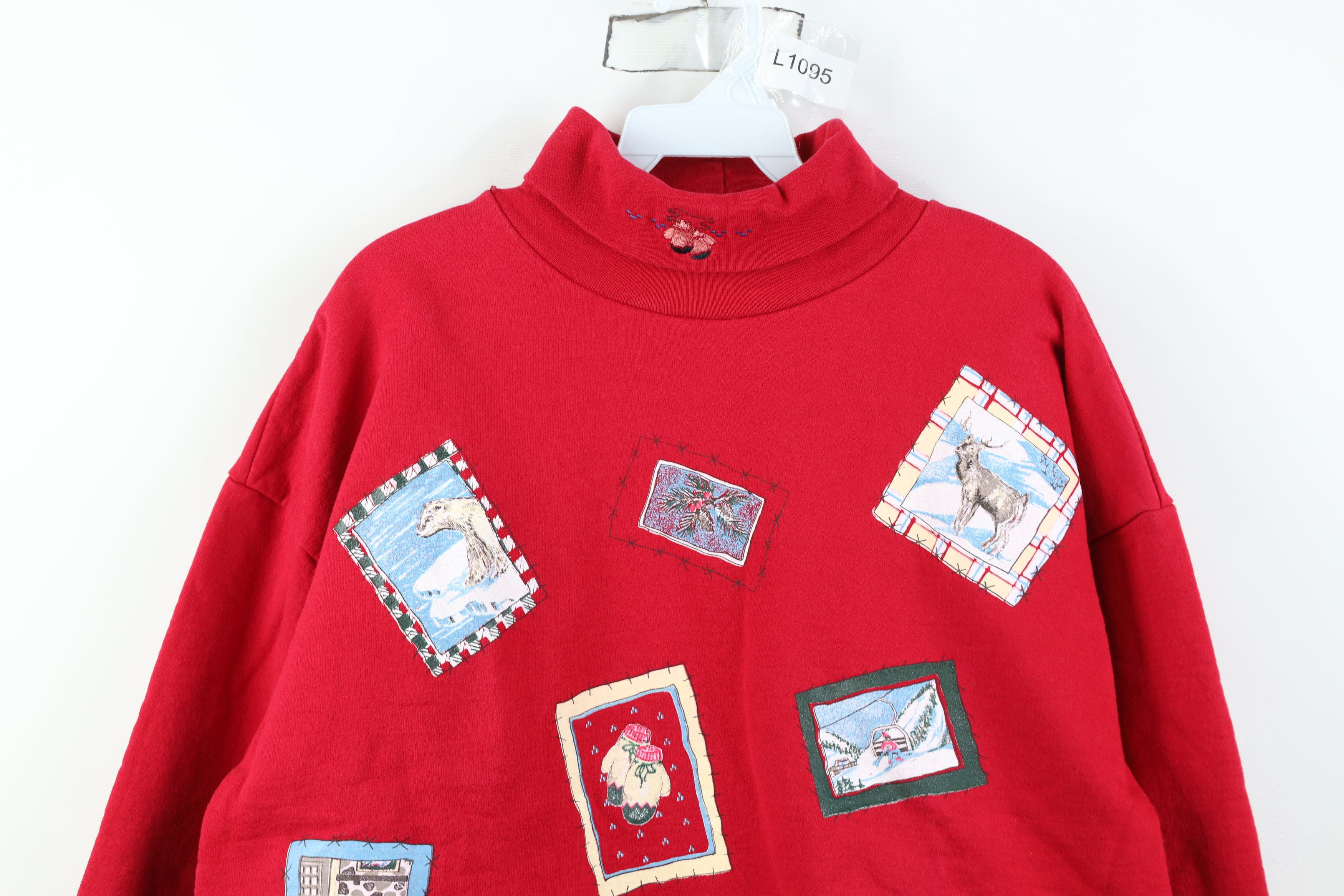 Vintage Vintage 90s Oversized Winter Stamp Turtleneck Sweatshirt Red Size M / US 6-8 / IT 42-44 - 2 Thumbnail