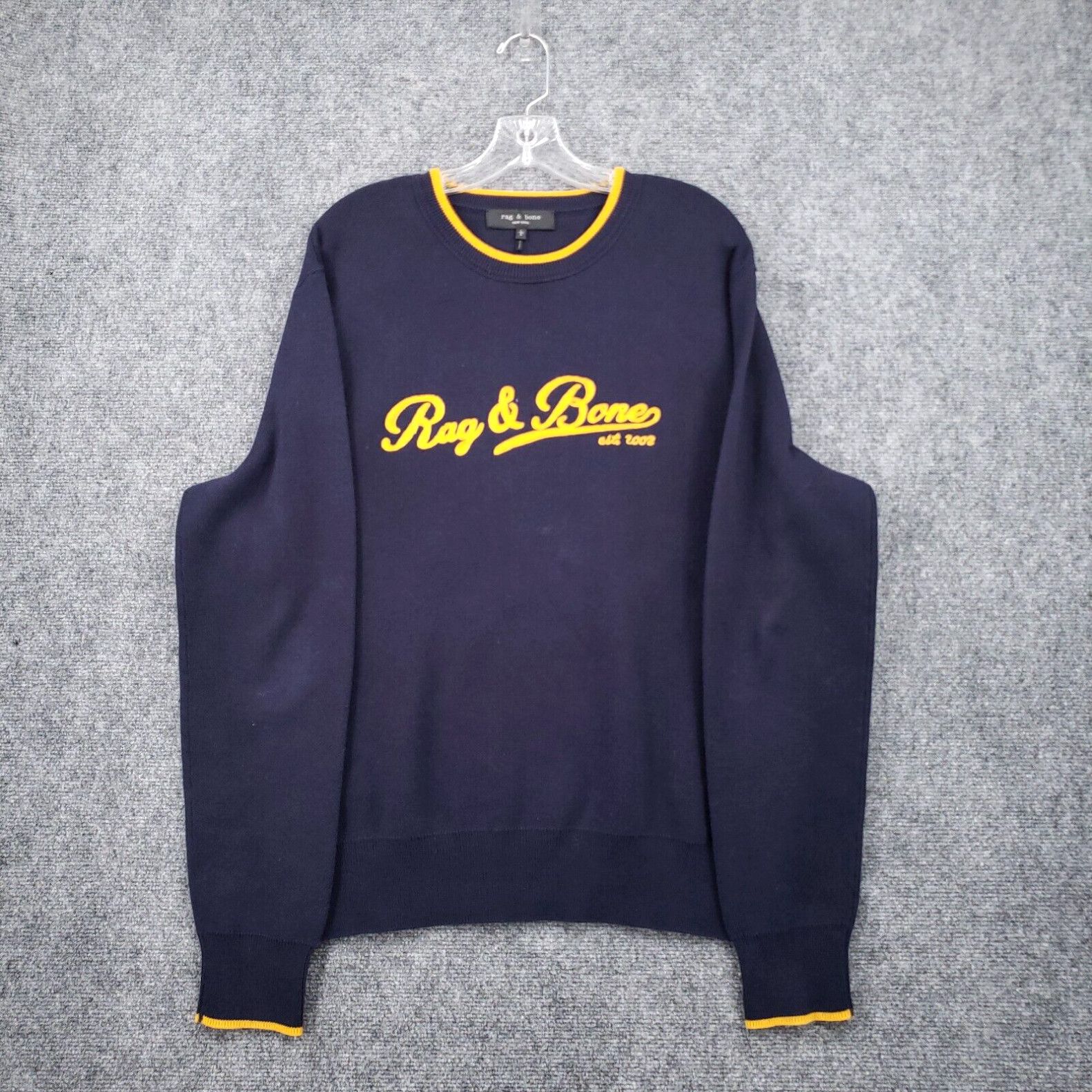 image of Rag Bone Sweater Mens L Large Blue Yellow Knit Pullover Spellout Long Sleeve in White