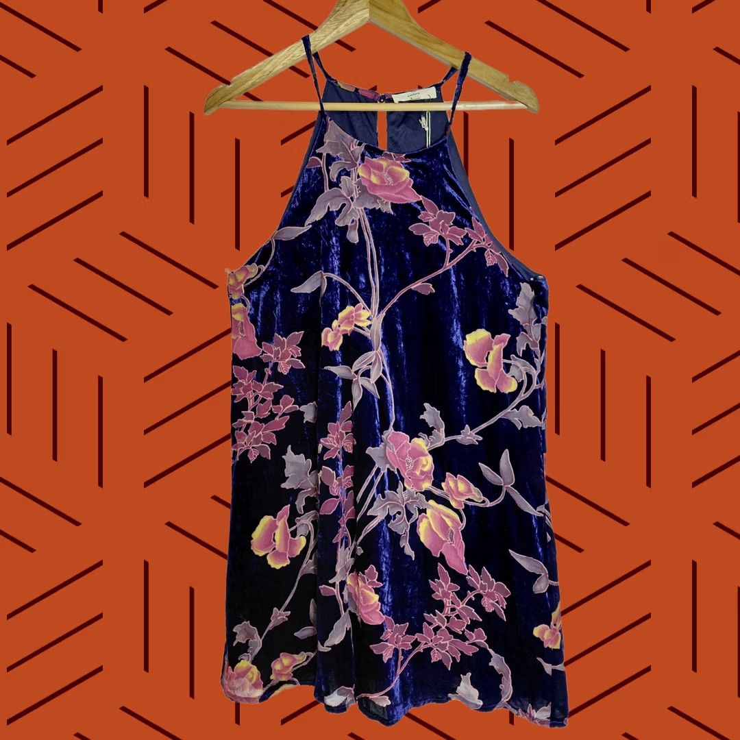 Velvet Entro Floral Velvet Dress Blue Sleeveless Halter Short Size L Size 36" / US 14 / IT 50 - 1 Thumbnail