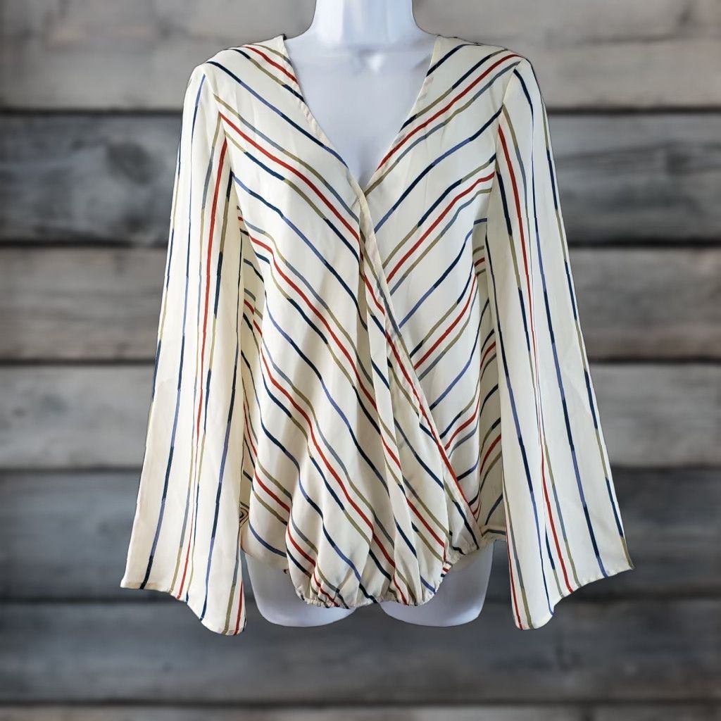 Vintage Sunday in Brooklyn Womens Blouse Sz Medium Cream Blue Striped Long Sleeve V-Neck Size M / US 6-8 / IT 42-44 - 1 Thumbnail