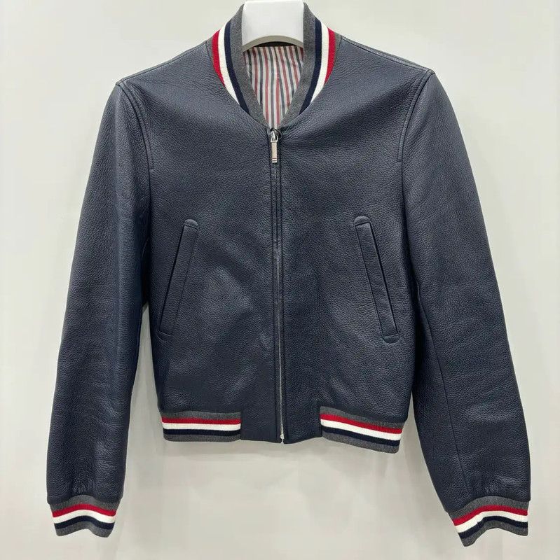 Thom Browne Thom Browne Navy Leather Striped Women's Jacket 0089 Size S / US 4 / IT 40 - 1 Thumbnail