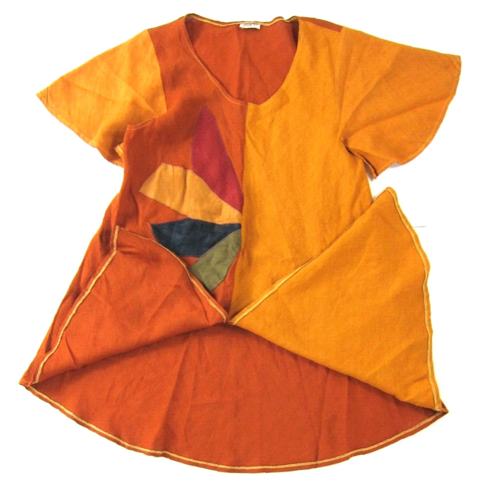 Vintage Calamo Blouse 100% Linen Made In Italy Orange Green Asymmetrical Long Medium Womens Shirt Size M / US 6-8 / IT 42-44 - 5 Thumbnail