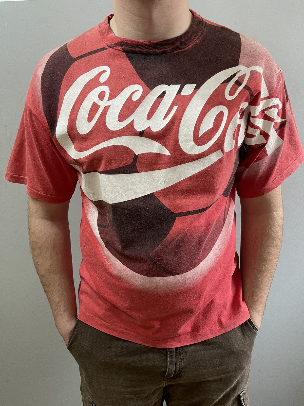Coca Cola 90s Vintage Coca Cola Allover Print AOP Ball Faded T-Shirt Size US XL / EU 56 / 4 - 5 Thumbnail