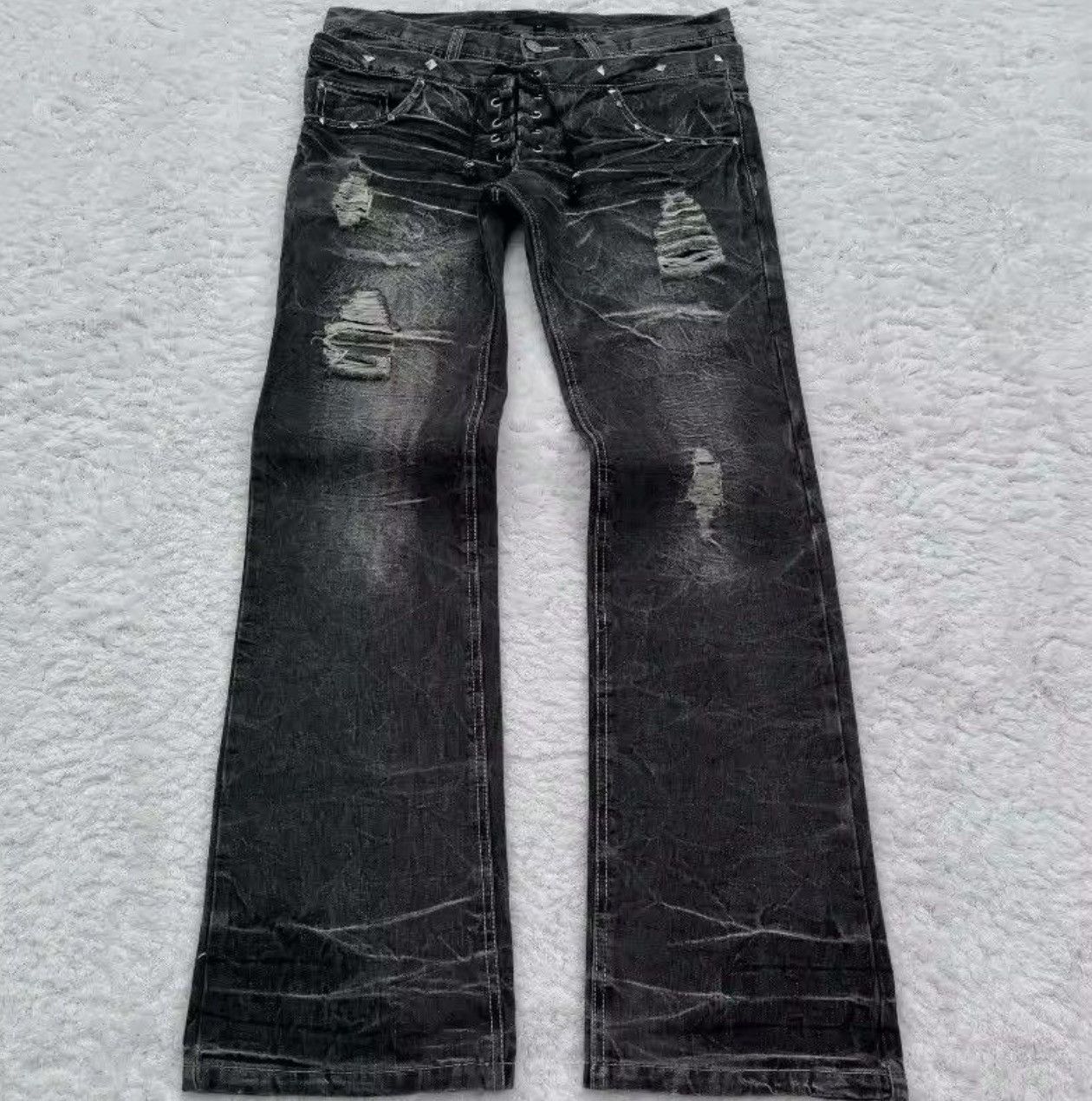 Japanese Brand Y2K Washed Flared Double Waisted Lace Up Jean Size US 32 / EU 48 - 1 Thumbnail