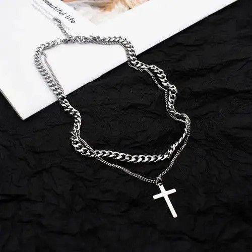 Designer × Jewelry Titanium Steel Layered Cross Pendant Necklace for Men Women Size ONE SIZE - 2 Thumbnail