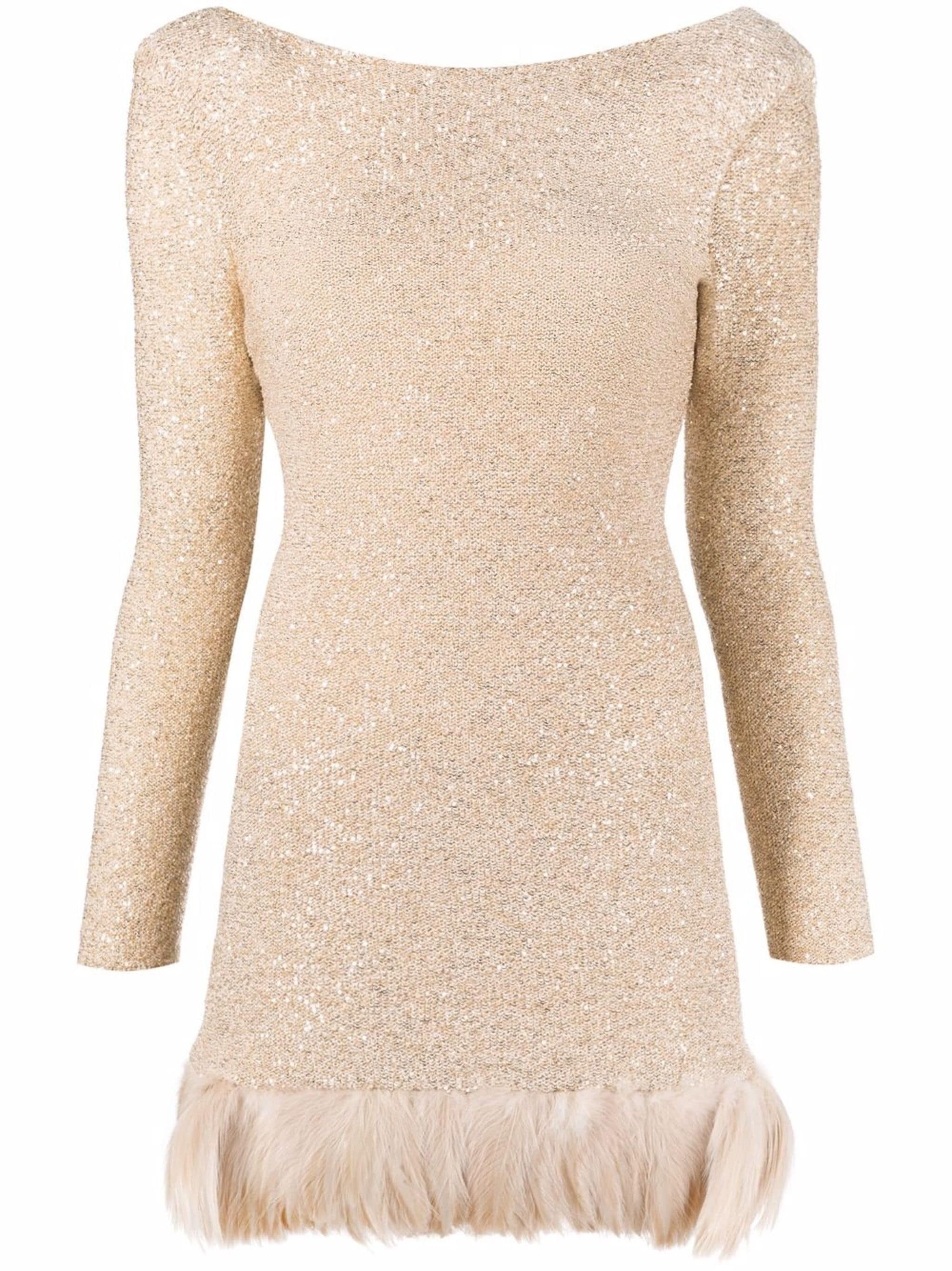 image of Saint Laurent Paris Oc11Z10524 Feather-Trim Sequinned Minidress In Beige, Women's (Size Small)