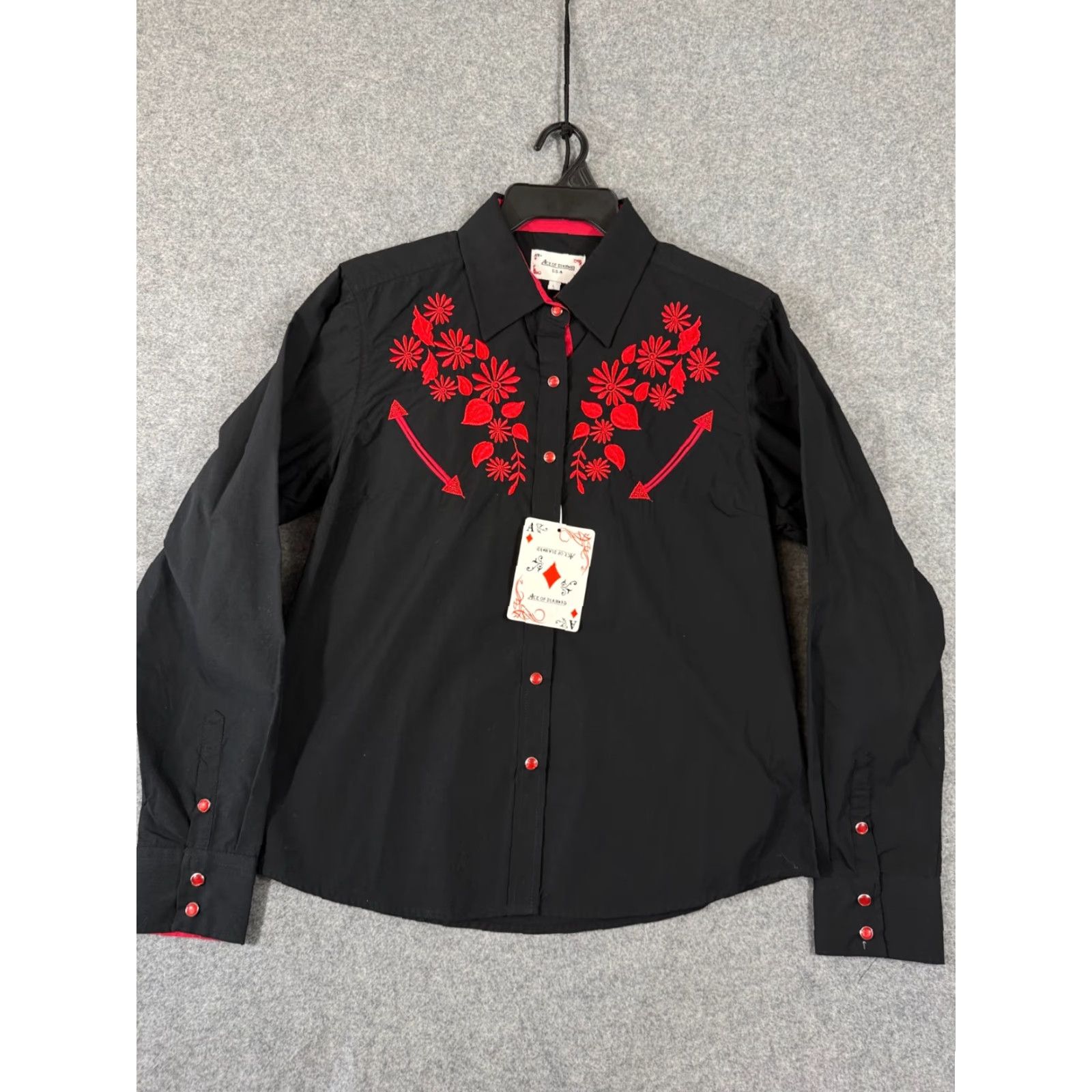Vintage Ace of Diamond Western Shirt Womens L Black Floral Embroidered Pearl Snap NWT Size L / US 10 / IT 46 - 3 Thumbnail