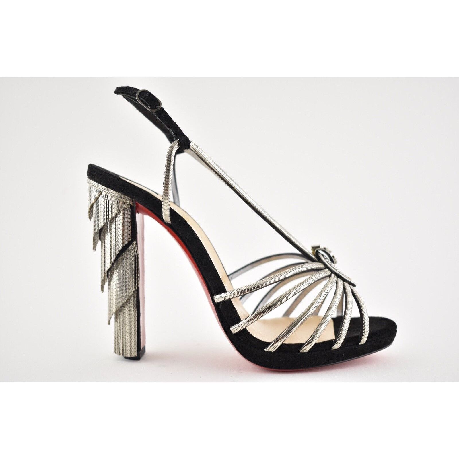 Christian Louboutin Jeanarlow 120 Black Silver Chain Sandal Heel Pump 36.5 Size US 6.5 / IT 36.5 - 2 Thumbnail
