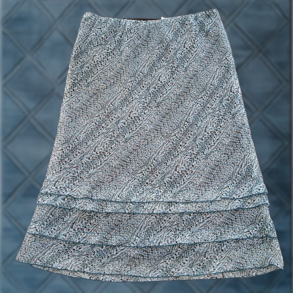 Vintage Cato Skirt Midi Blue Brown Geometric Pull On Lined Tiered A-Line Elastic Waist Womens Large Regular Polyester Vintage No Size 36" / US 14 / IT 50 - 1 Thumbnail